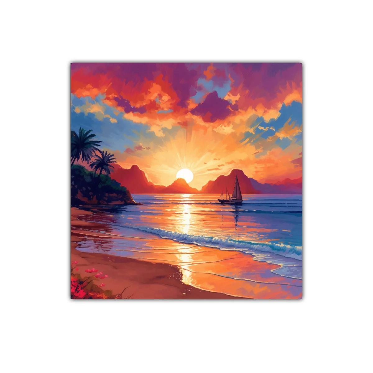 Atardecer vibrante con velero en la playa tranquila — miniatura 1