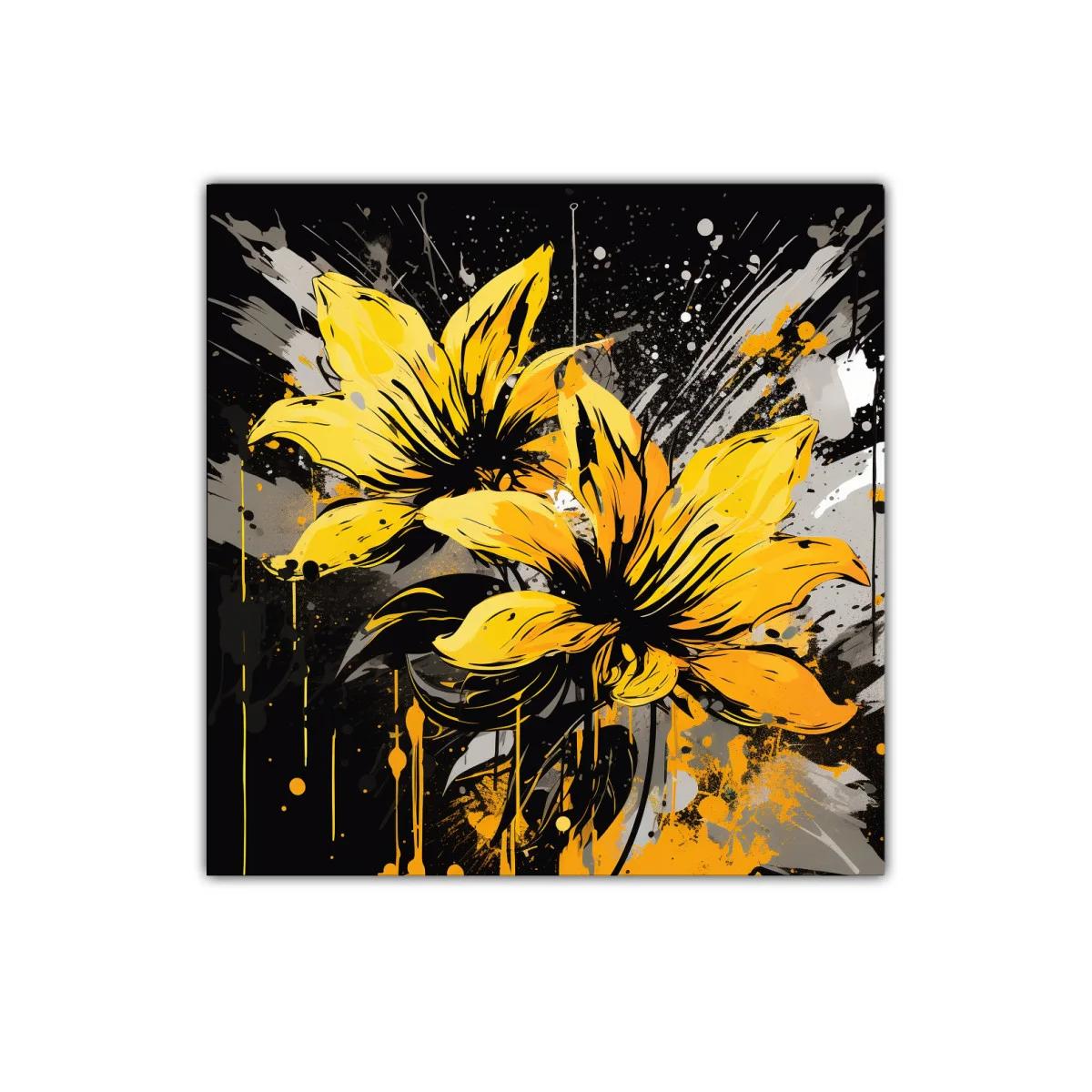 Vibrante cuadro floral con tonos amarillos y contrastes oscuros