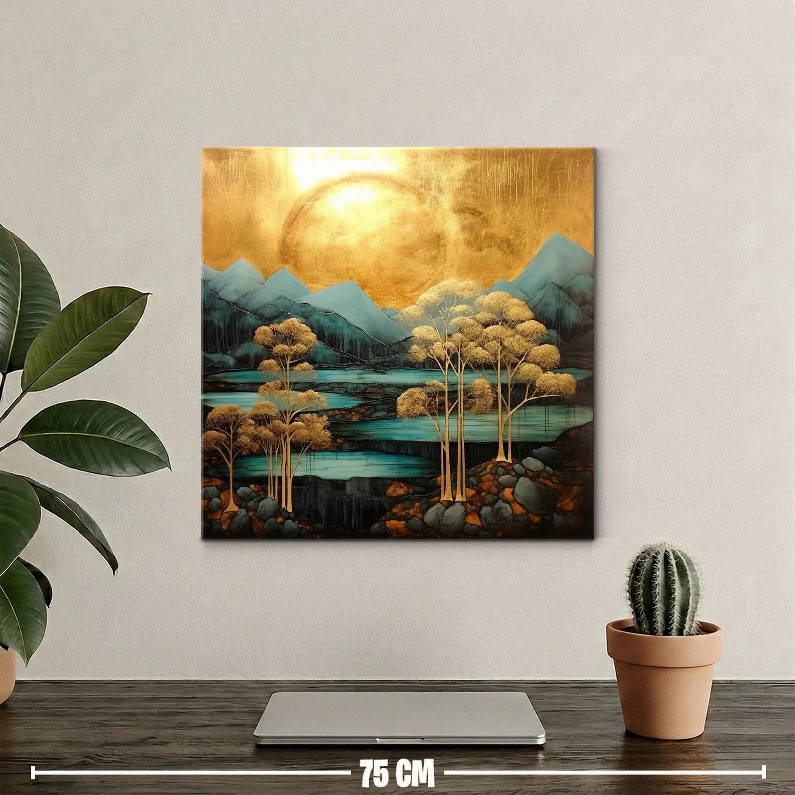 Paisaje estilizado con árboles dorados y montañas azules — miniatura 2