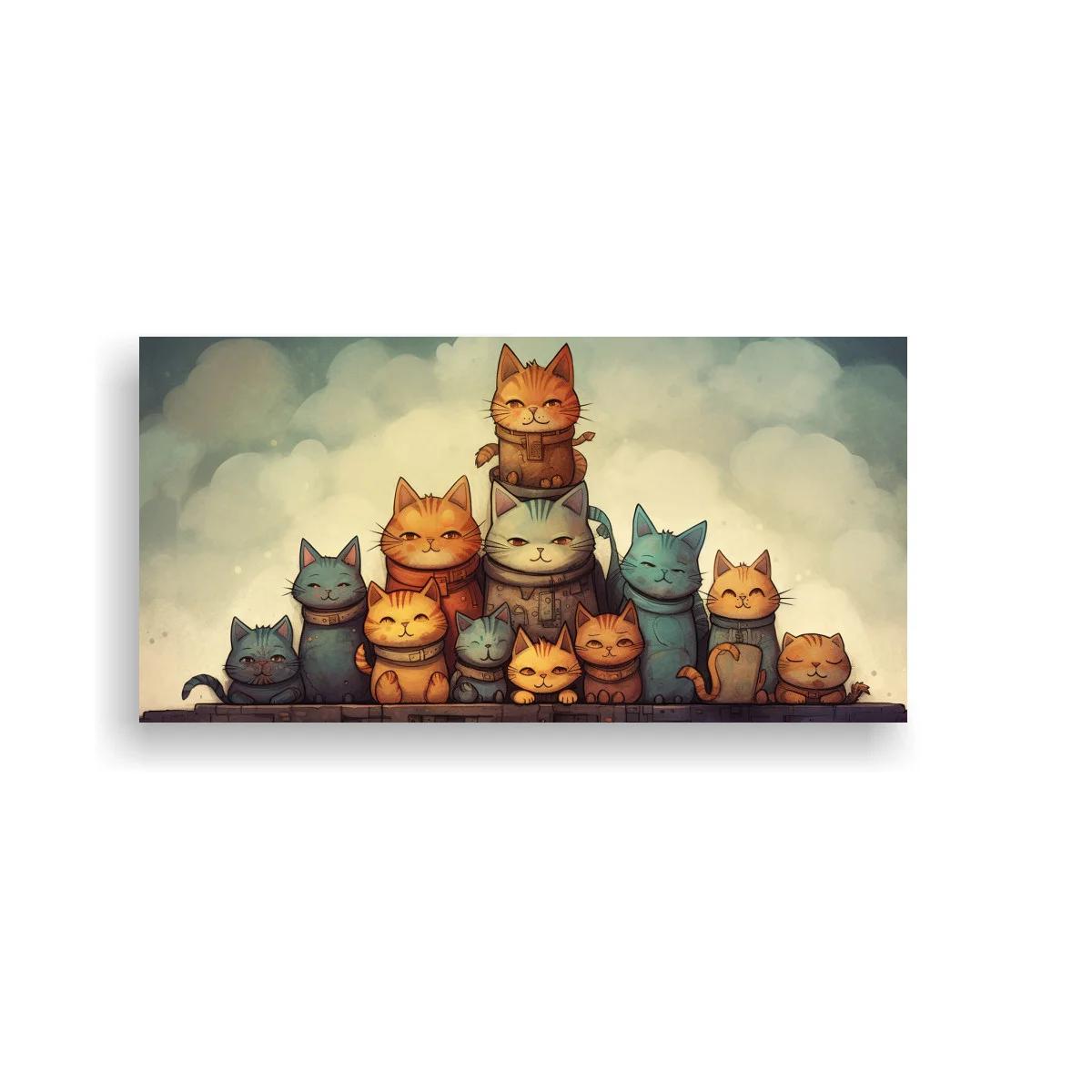 Cuadro grupo de gatos apilados con fondo nuboso