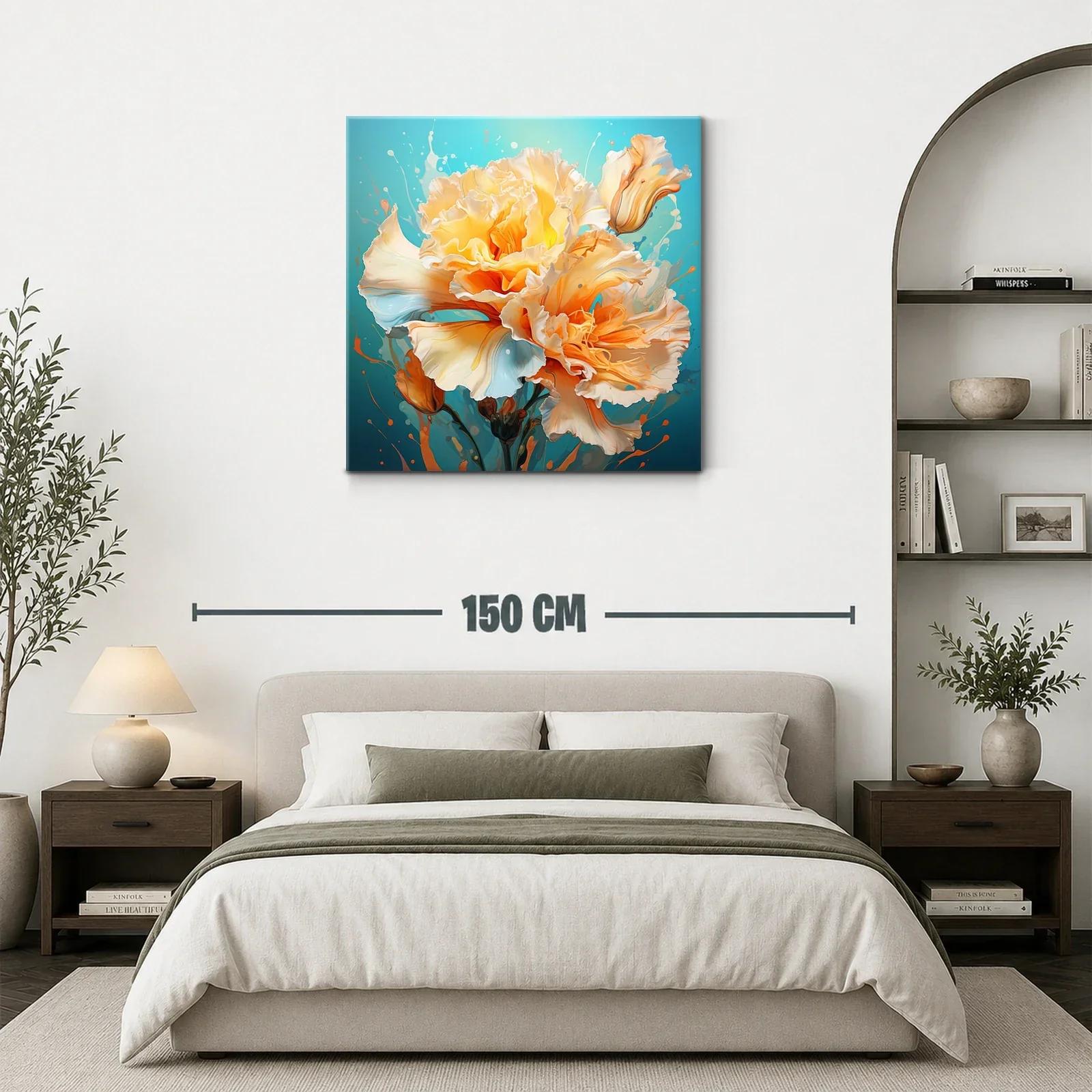 Cuadro floral vibrante en tonos cálidos y fondo azul — miniatura 3