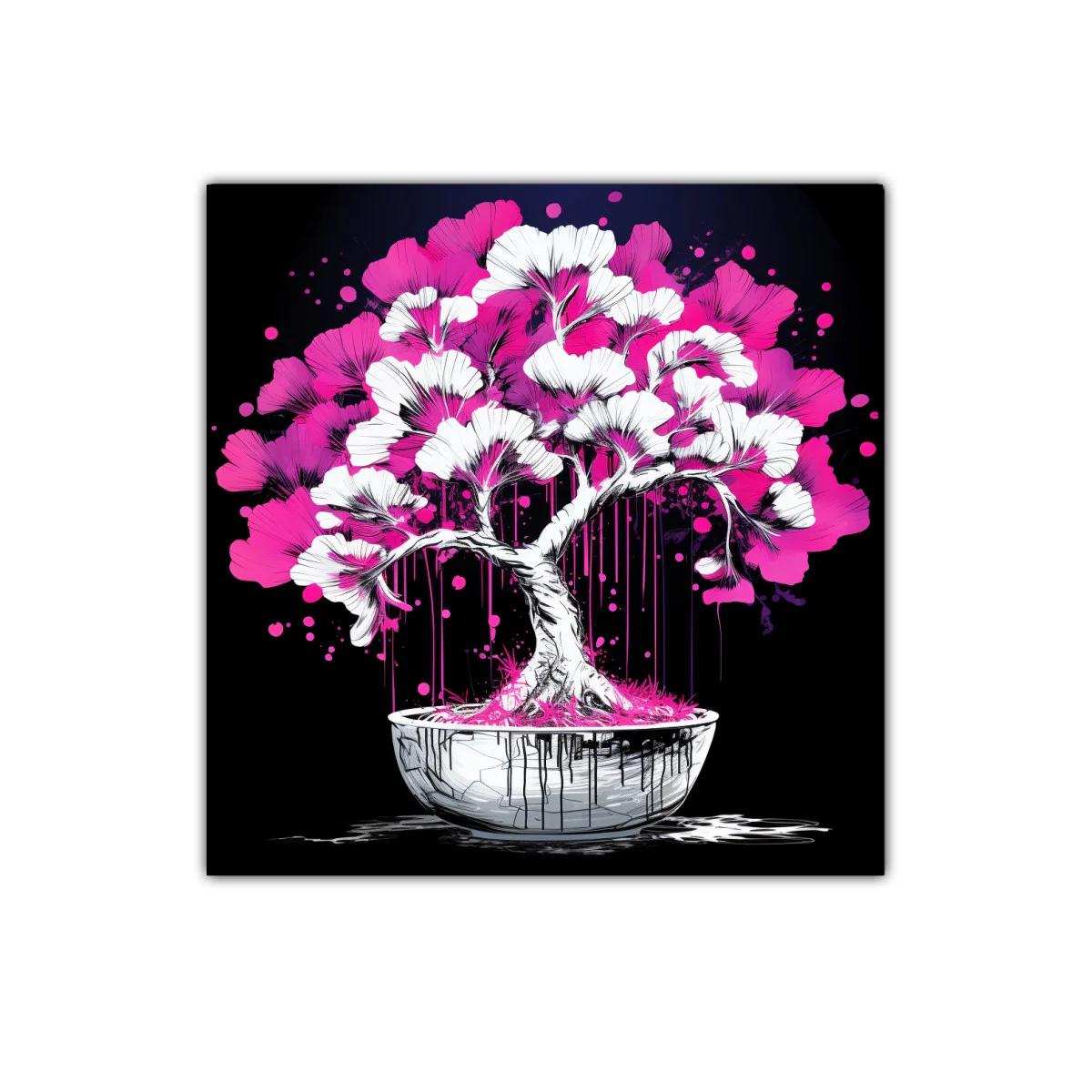 Árbol bonsái vibrante con flores rosa y blancas sobre fondo negro — imagen principal