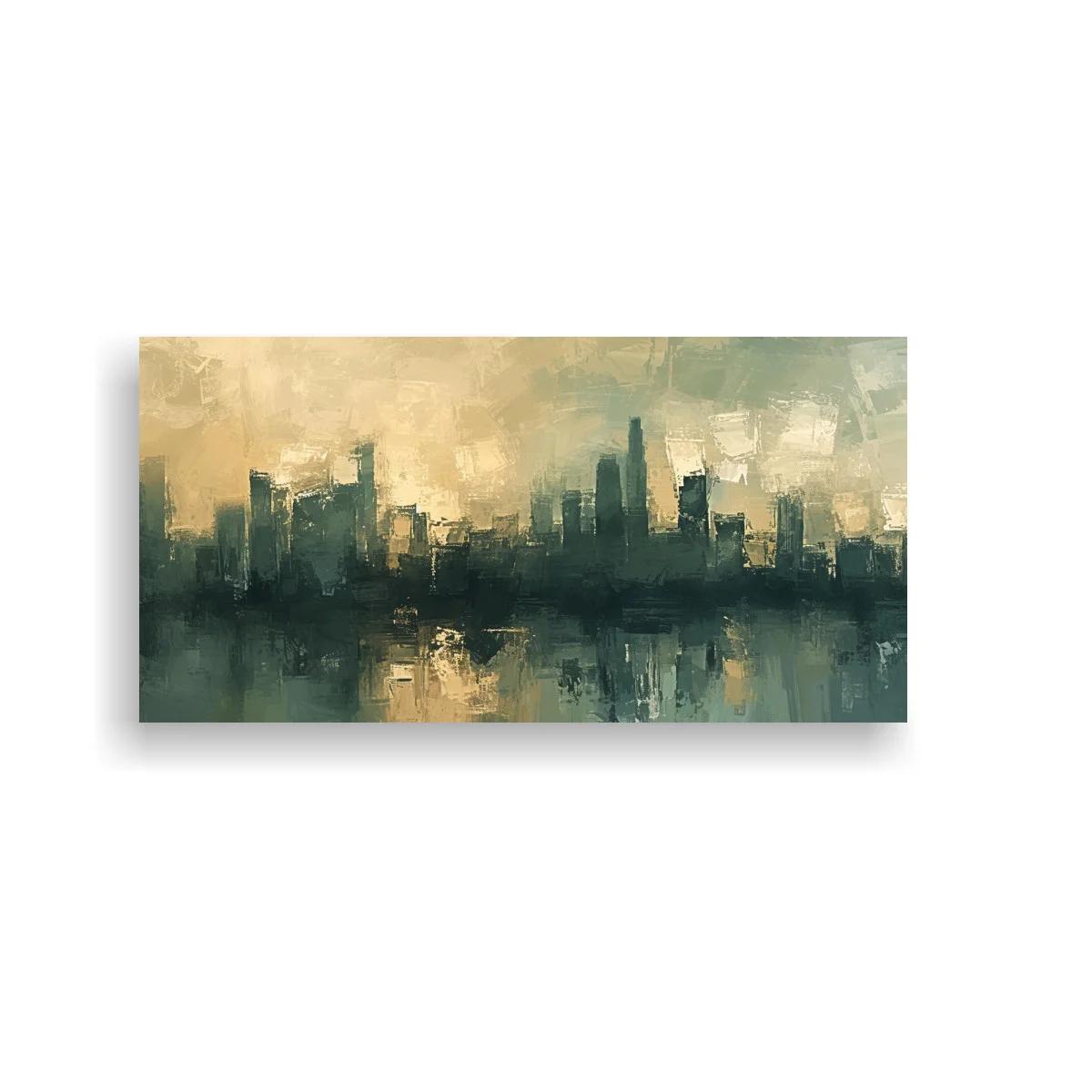 Cuadro skyline urbano junto al agua con reflejos y cielo suave — imagen principal