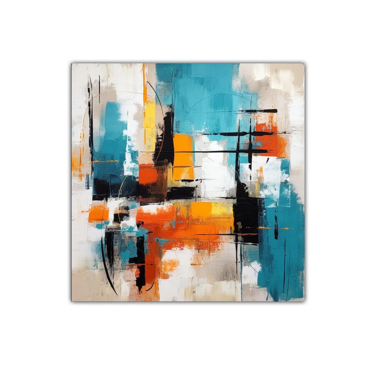 Cuadro abstracto vibrante con tonos turquesa y naranja