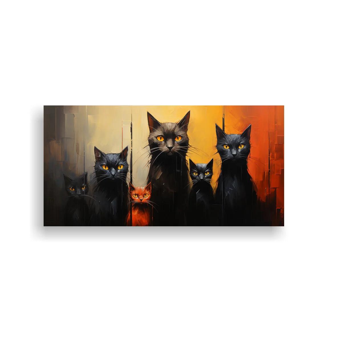Cuadro grupo de gatos negros sobre fondo de bloques verticales