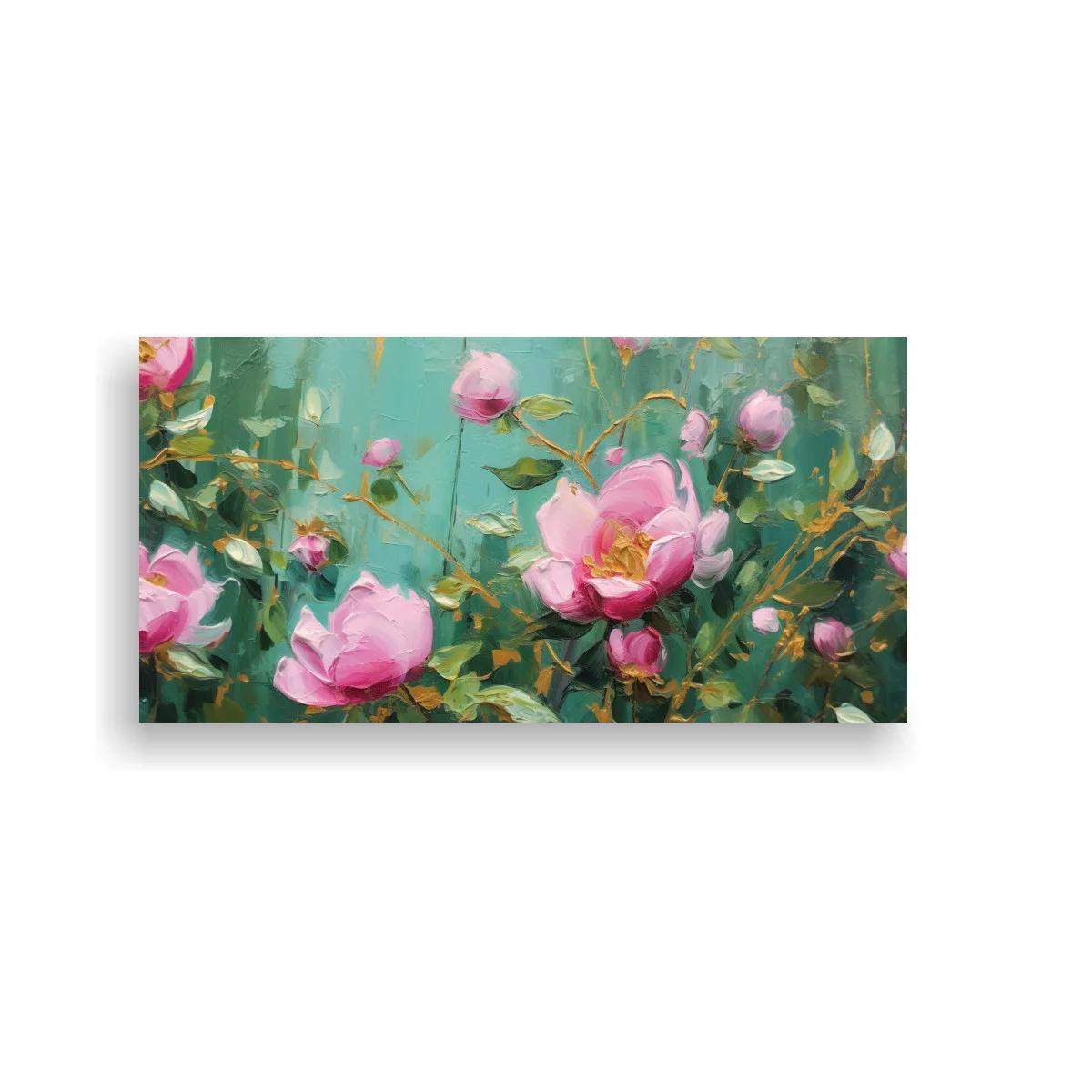 Cuadro peonías rosas con fondo turquesa