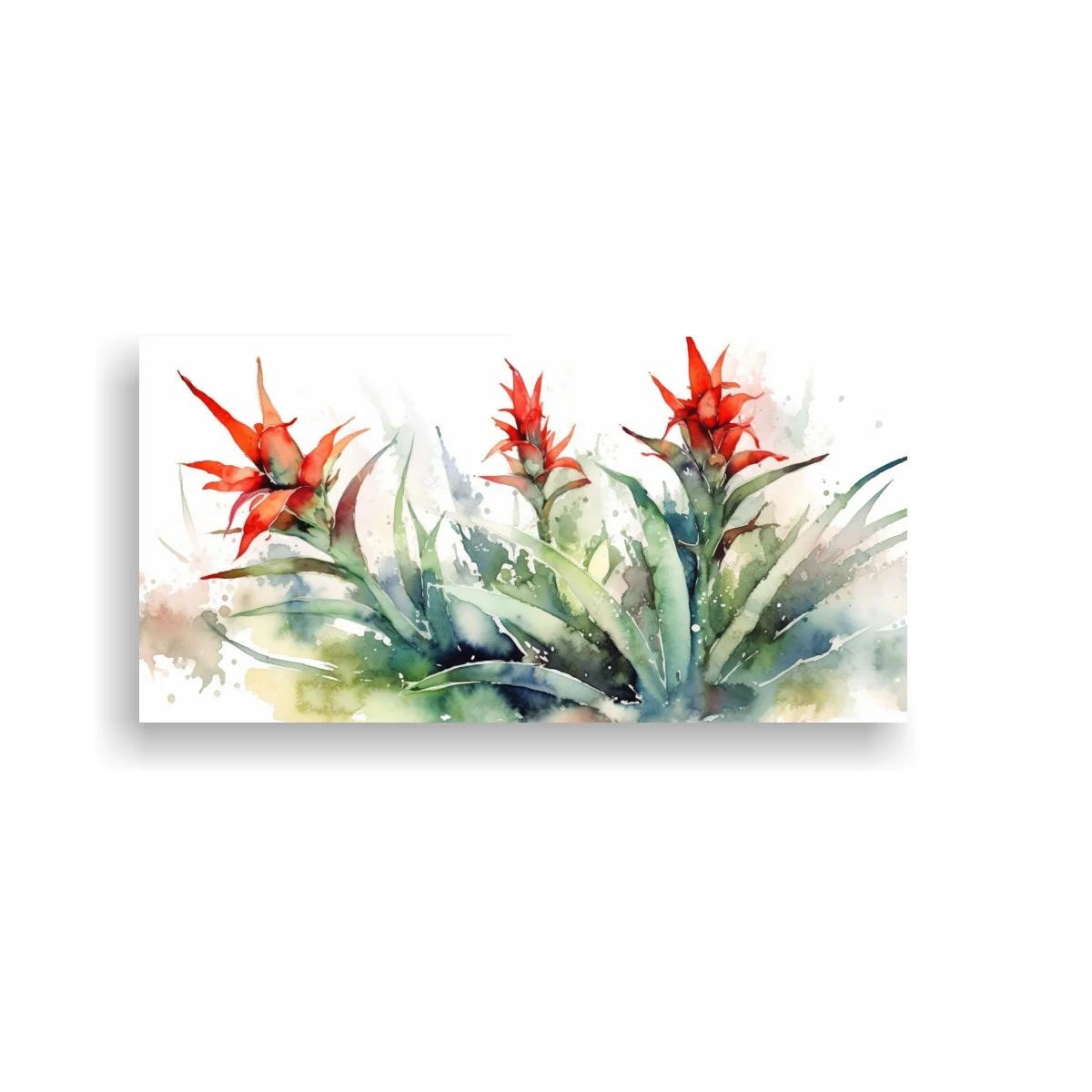 Cuadro bromelia roja con hojas arqueadas y salpicado de acuarela