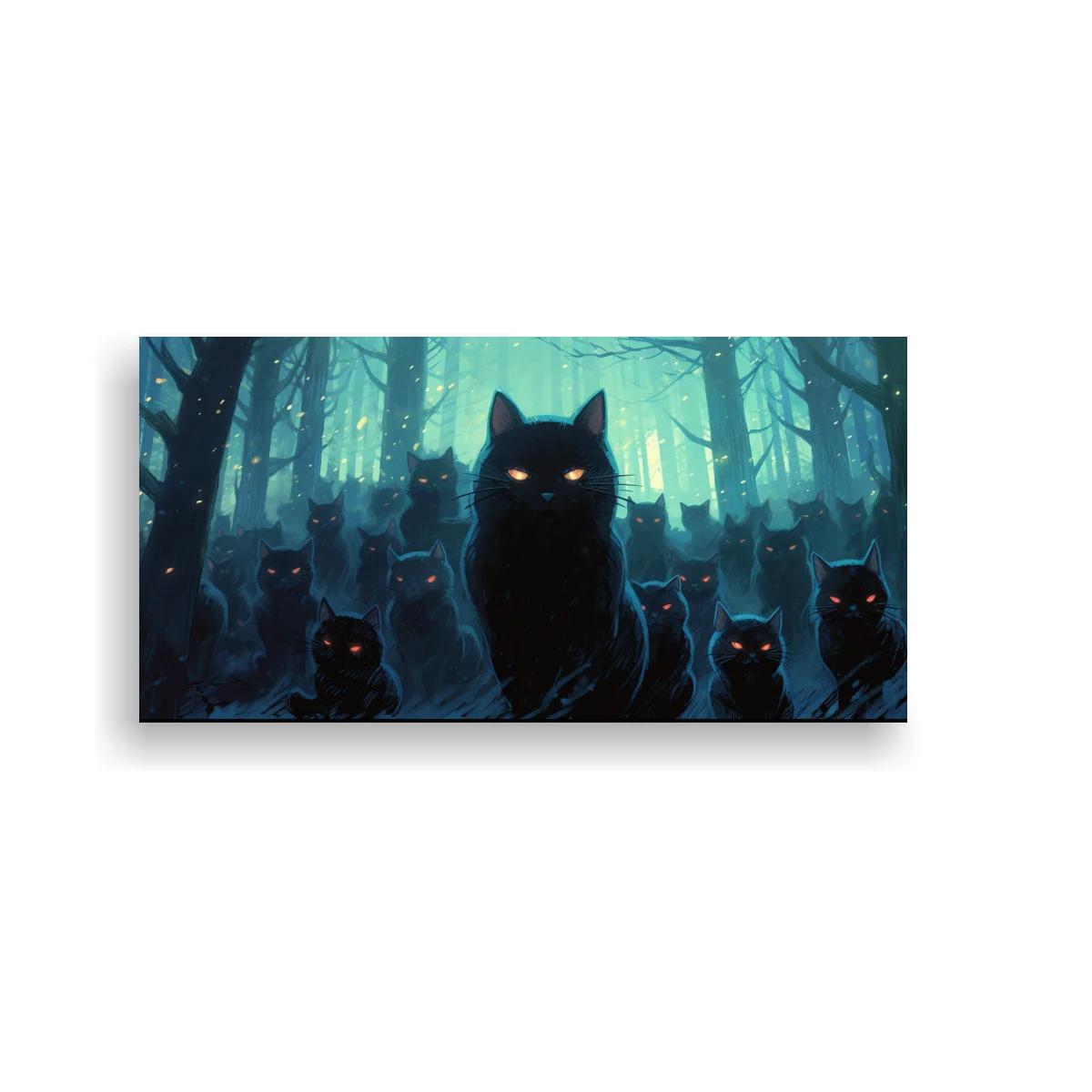 Cuadro gato negro entre bruma y bosque