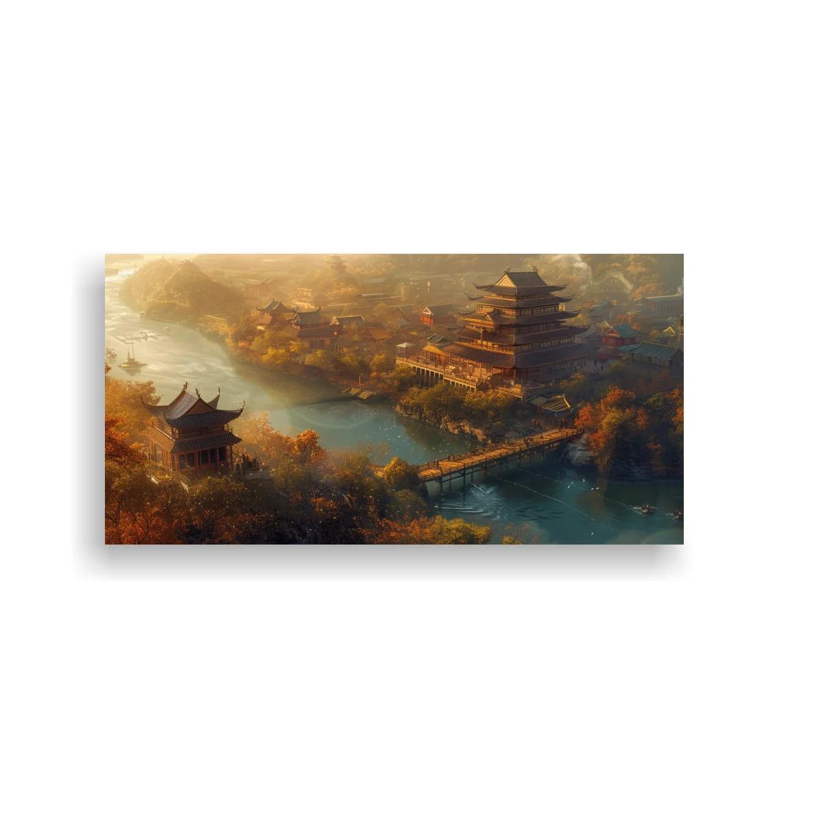 Cuadro paisaje asiático con pagoda y puente largo