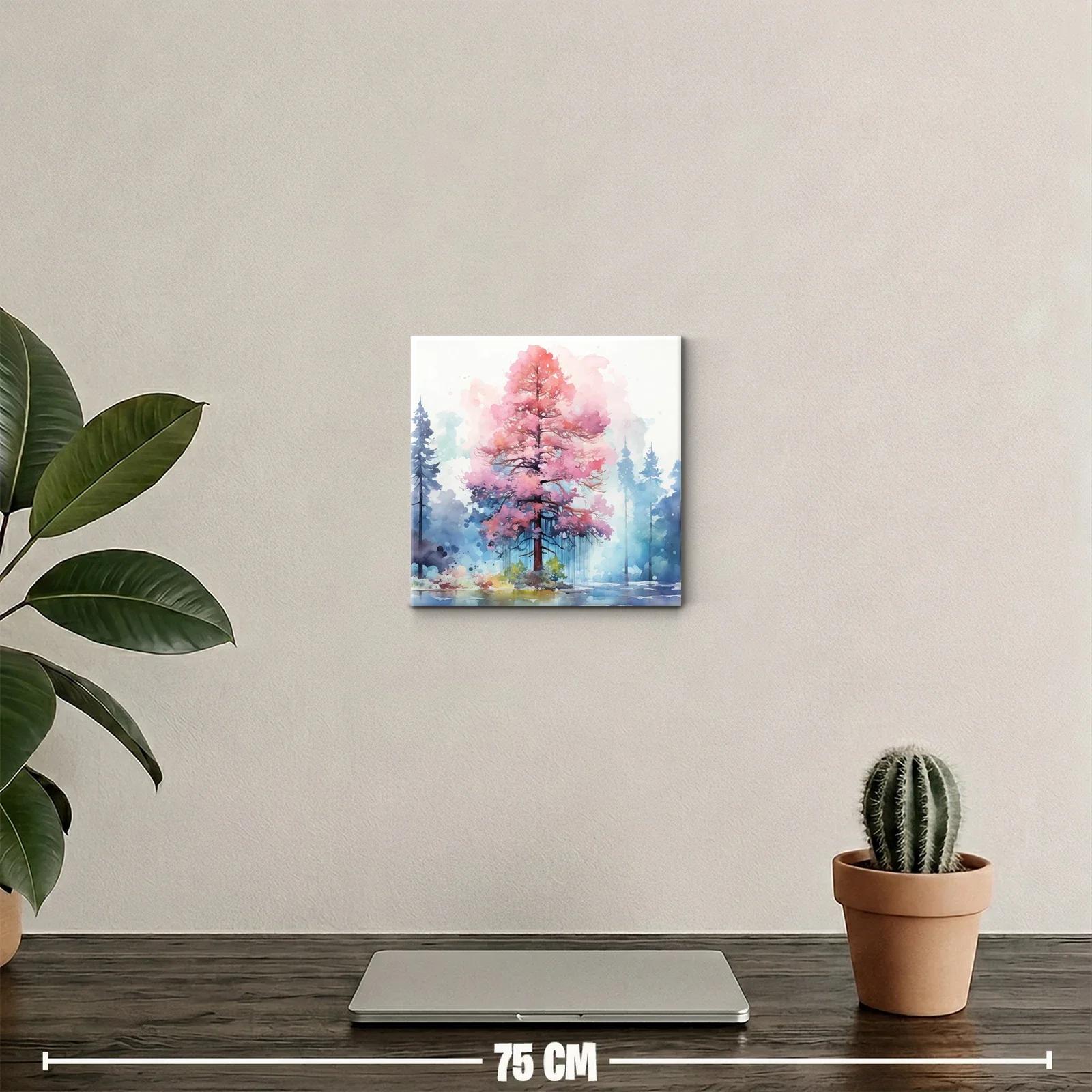 Árbol en tonos rosas vibrantes con fondo de bosque azul — miniatura 2