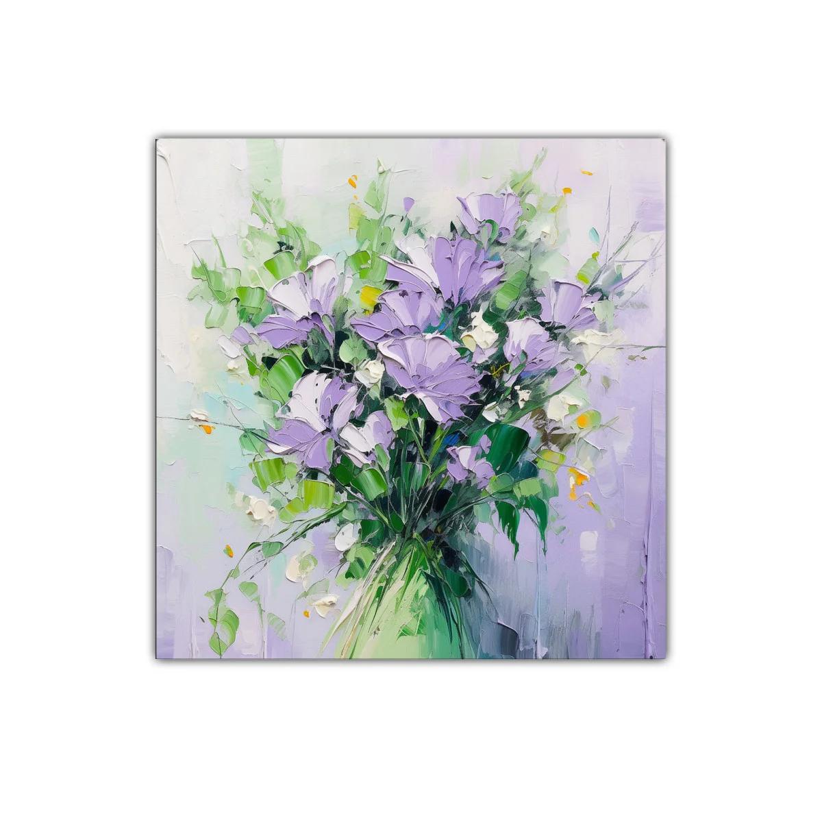 Cuadro moderno con ramo floral en tonos lilas y verdes