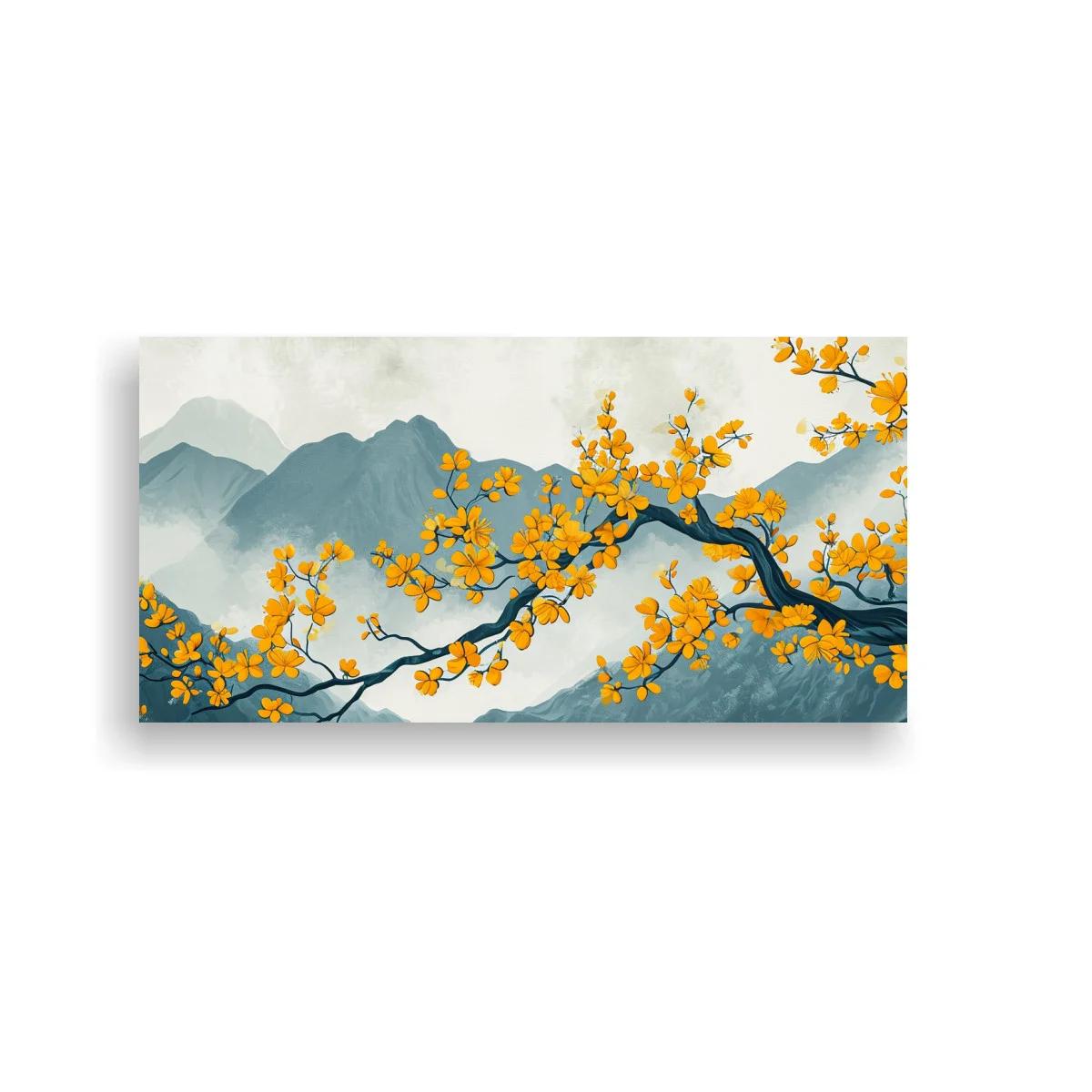 Cuadro rama de árbol con flores amarillas y ladera boscosa