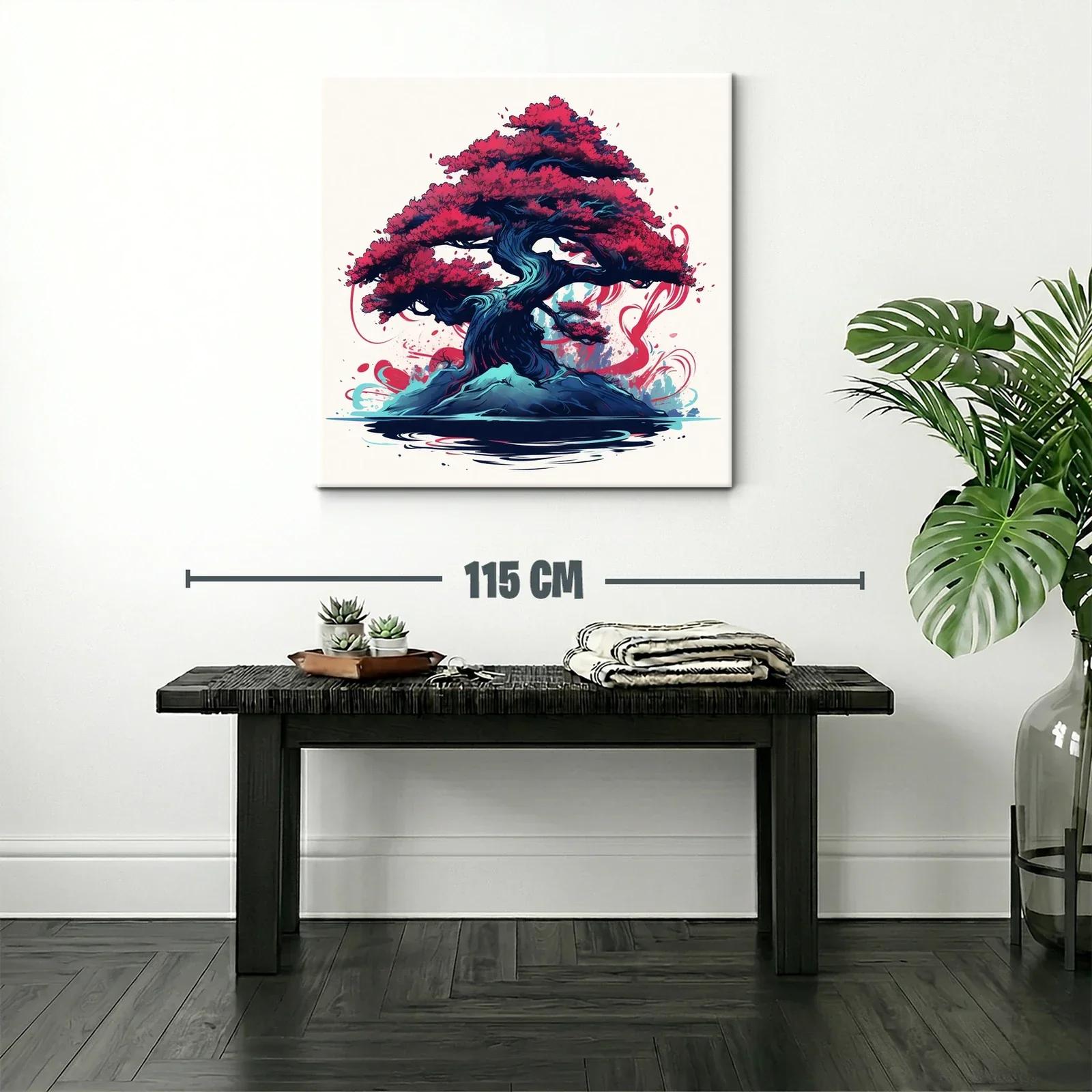 Árbol bonsái vibrante con follaje rojo intenso y base azul — miniatura 2