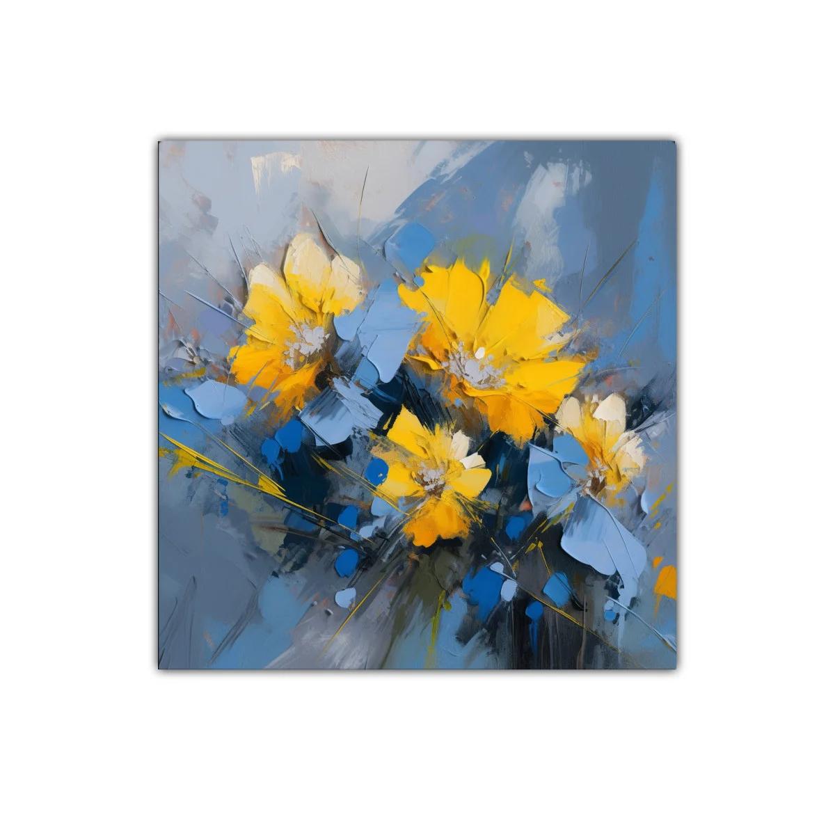 Cuadro floral abstracto con vibrantes tonos azules y amarillos