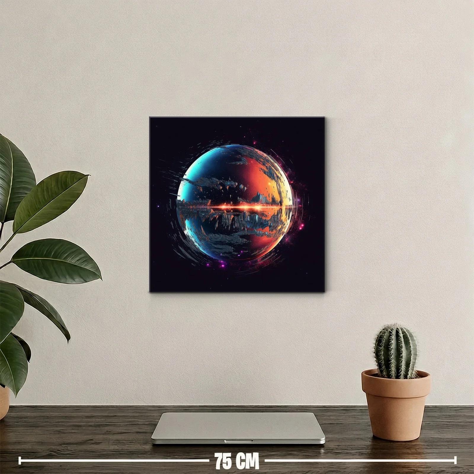 Cuadro abstracto planeta fuego y hielo en galaxia oscura — miniatura 2