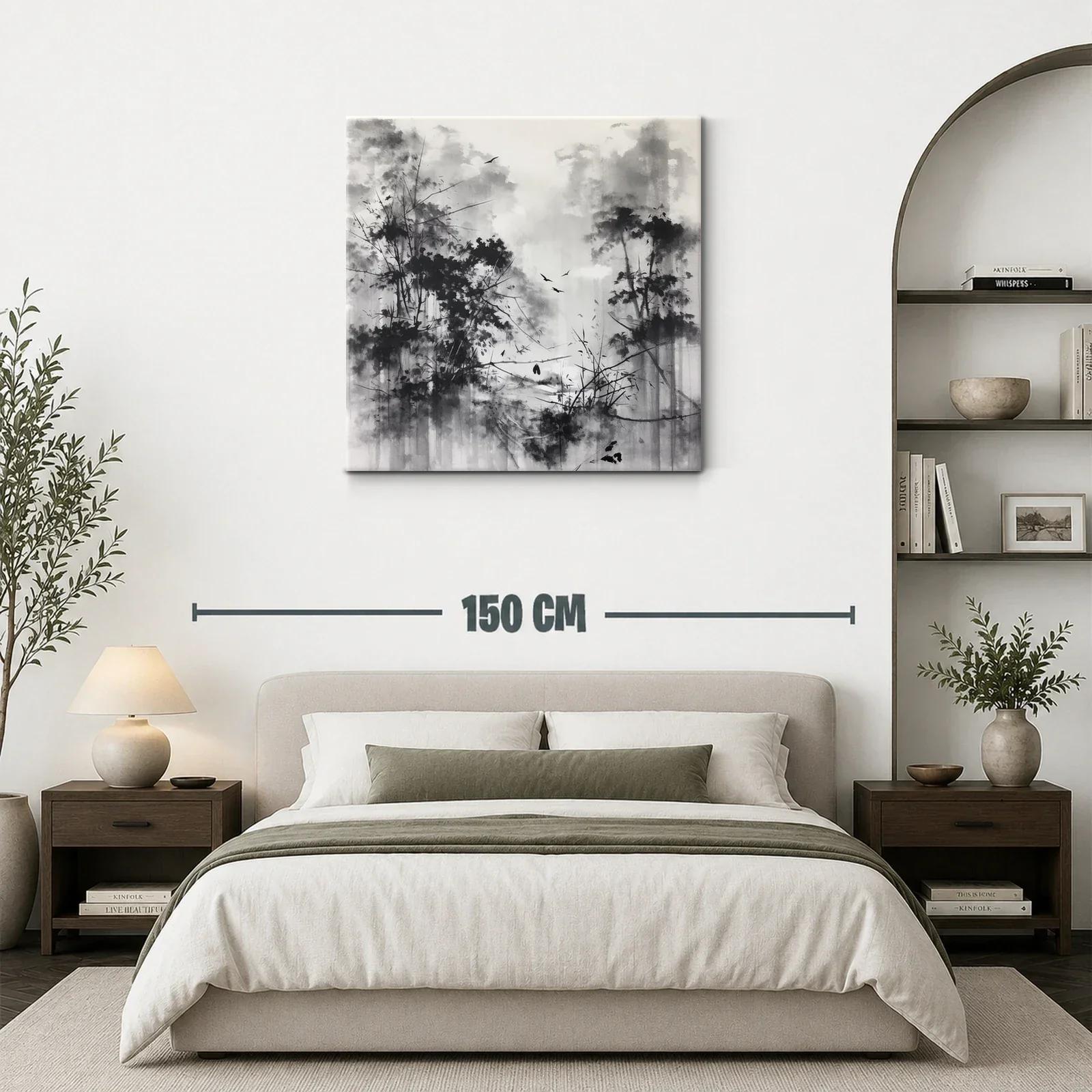 Bosque brumoso con aves en tonos grises y negros — miniatura 3