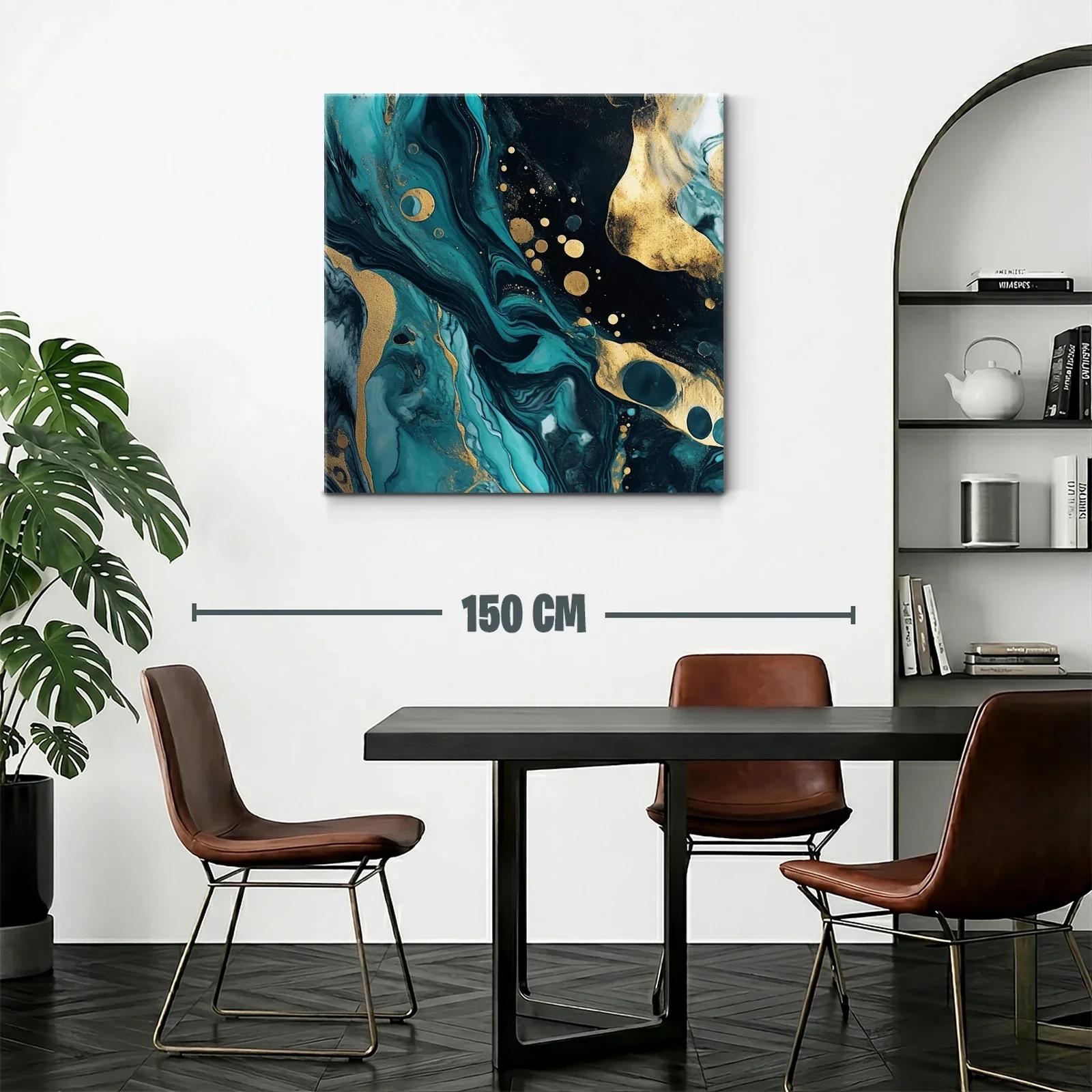 Cuadro abstracto con tonos turquesa y dorado vibrante — miniatura 2