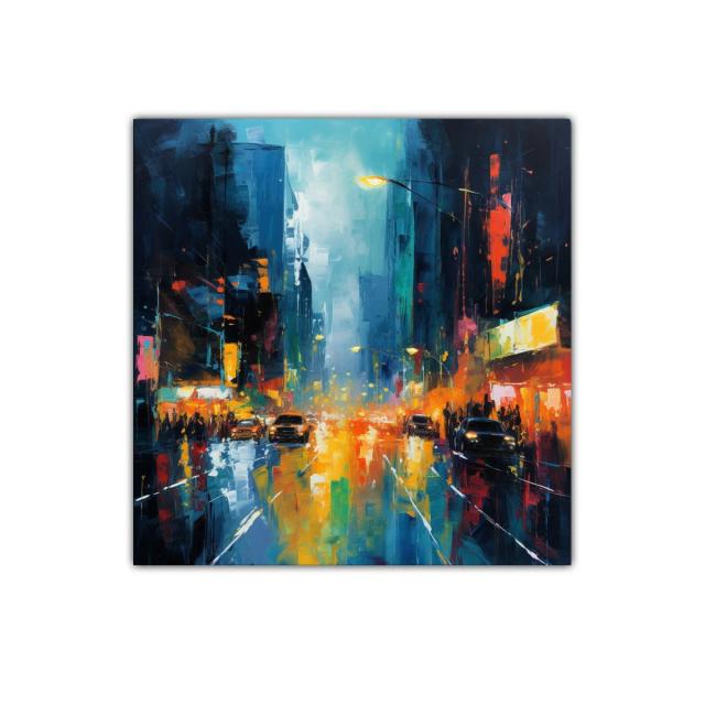 Ciudad nocturna iluminada con reflejos vibrantes de luz