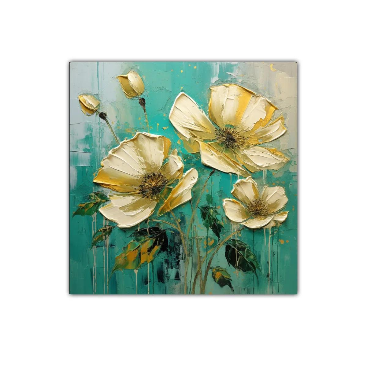 Cuadro con flores doradas sobre fondo turquesa vibrante — imagen principal