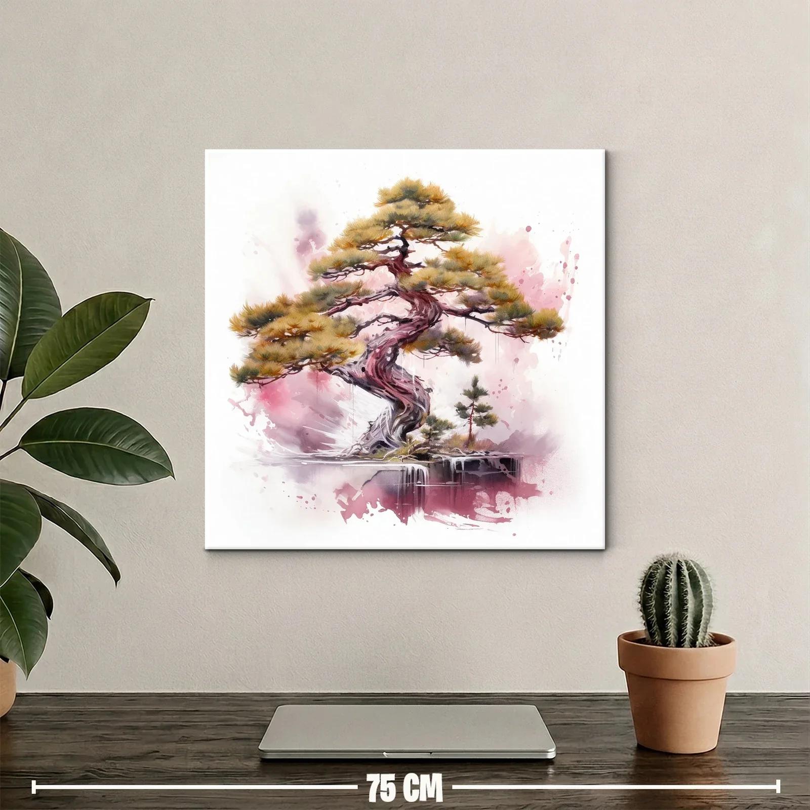 Árbol bonsái con tonalidades cálidas y fondo acuarelado rosa — miniatura 2