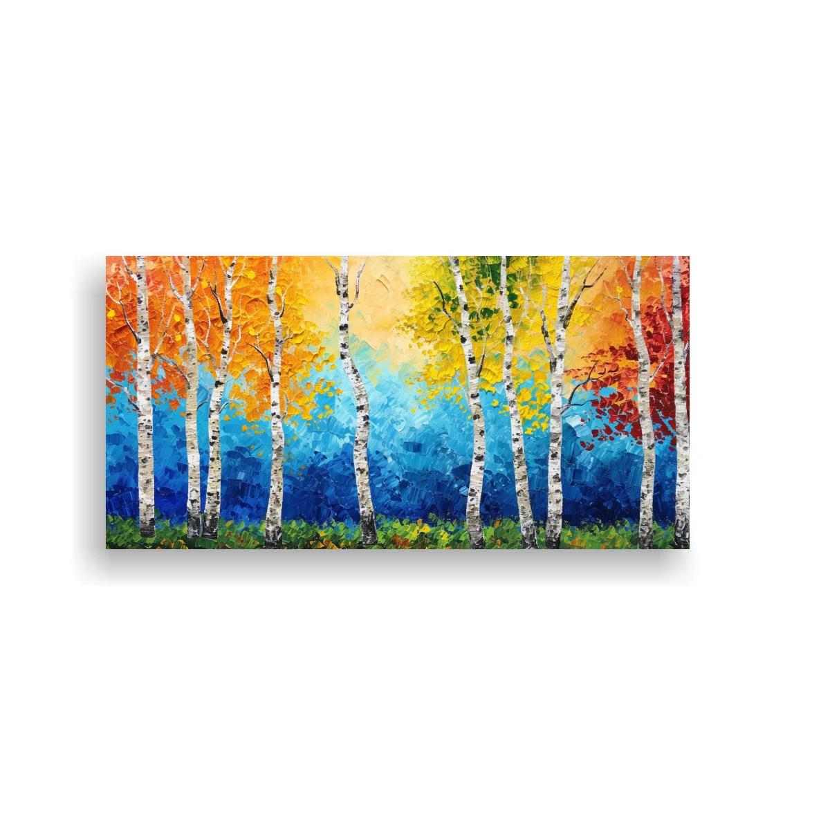 Cuadro bosque de abedules con follaje cálido y fondo azul