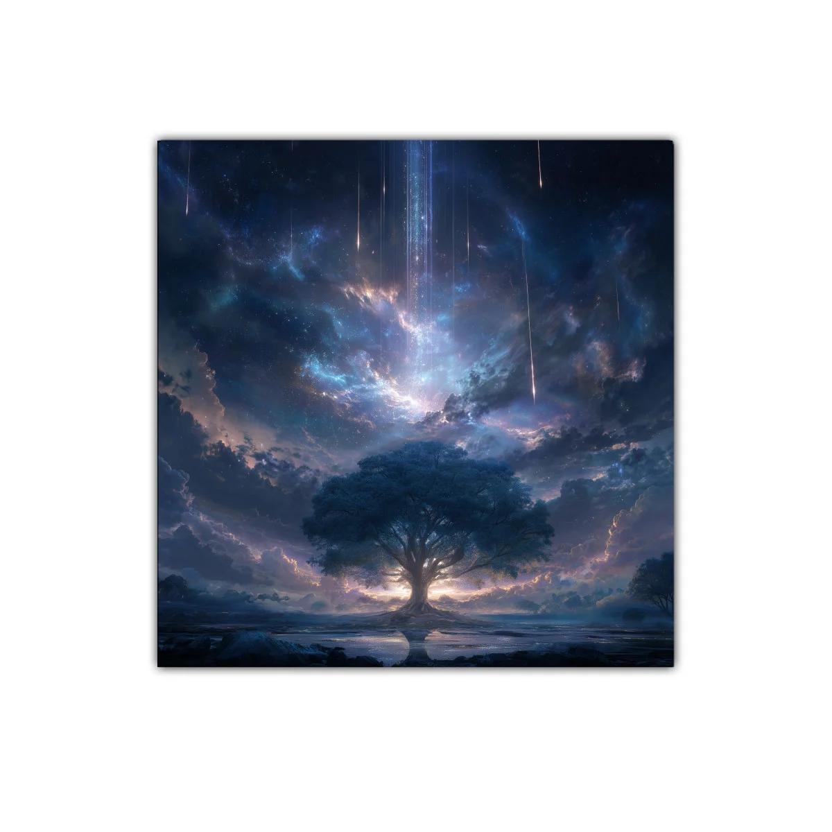 Árbol místico bajo un cielo estrellado con meteoros — imagen principal