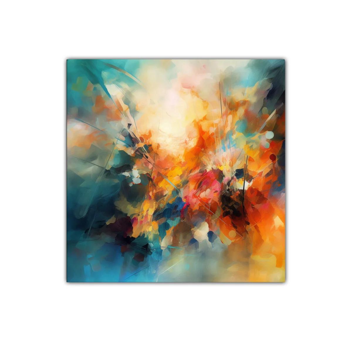 Cuadro abstracto con explosión de colores cálidos y fríos