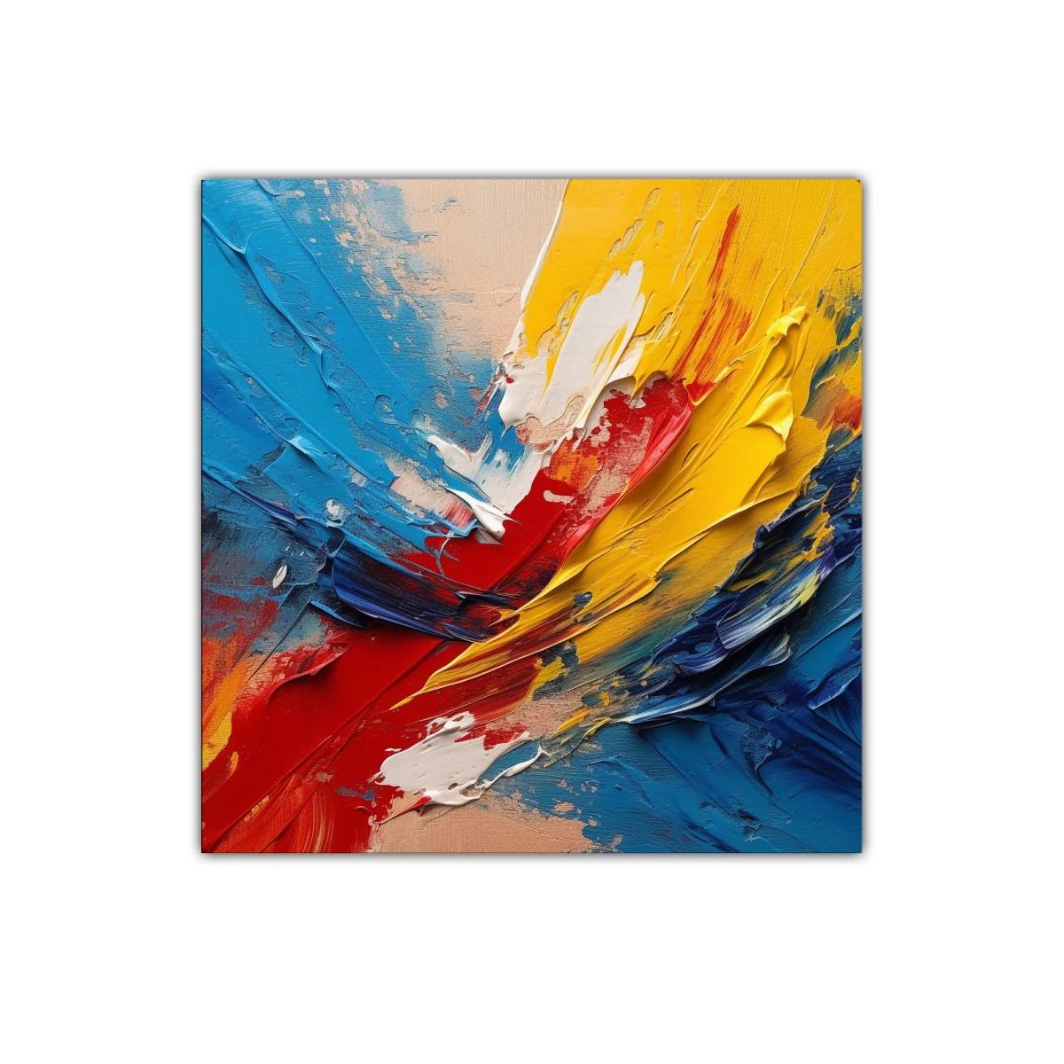 Cuadro abstracto con vibrantes tonos primarios y texturas dinámicas