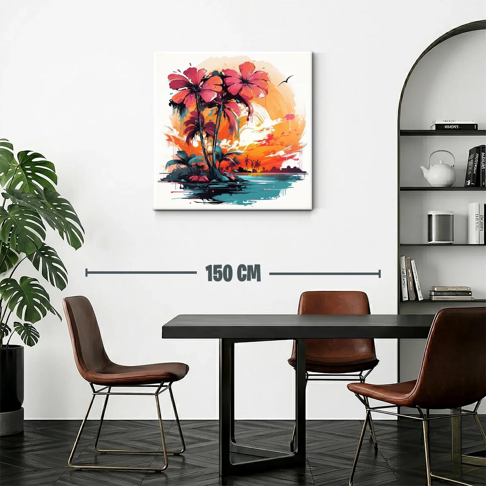 Atardecer tropical con palmeras vibrantes y horizonte urbano — miniatura 2