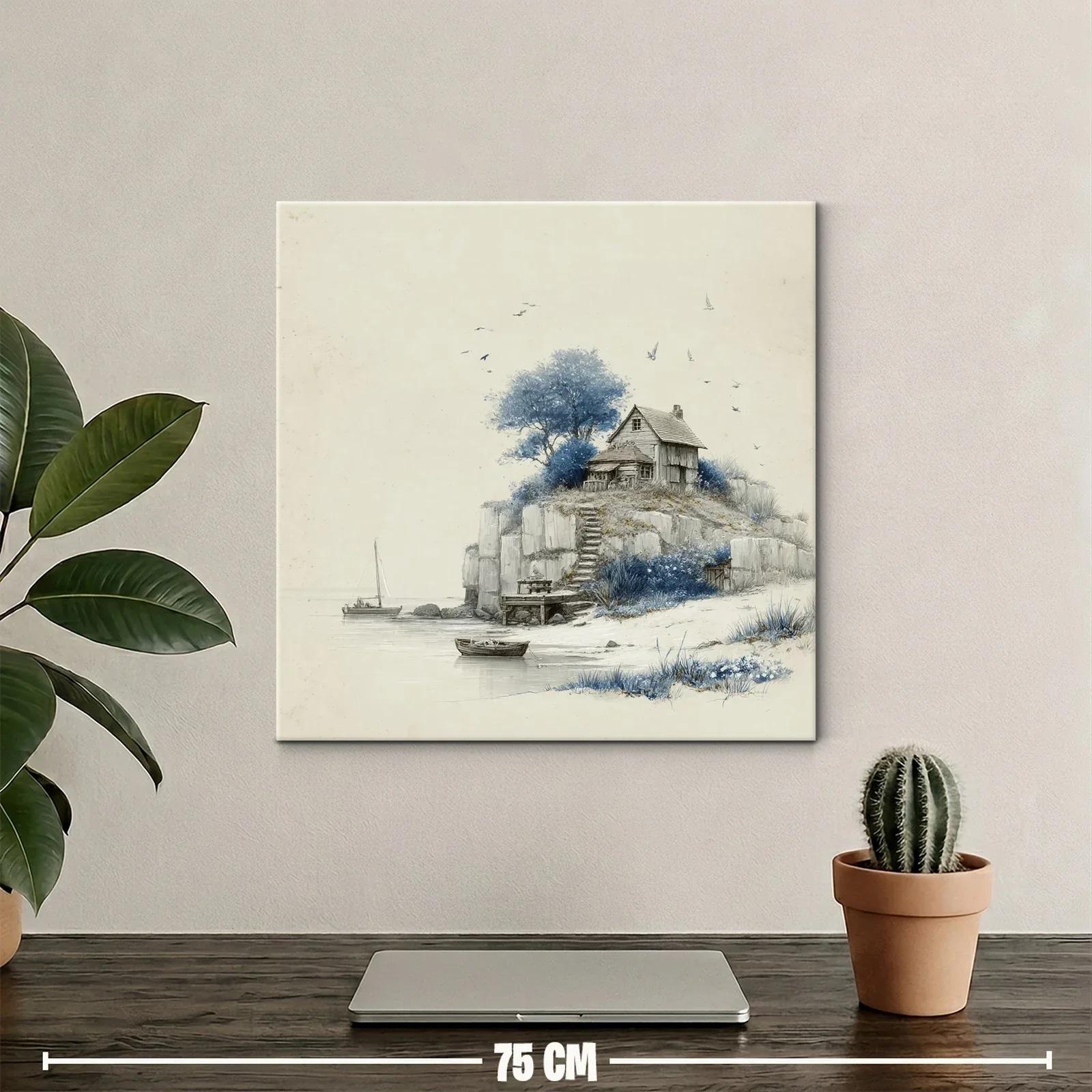 Paisaje costero sereno con cabaña entre acantilados y barcos — miniatura 2