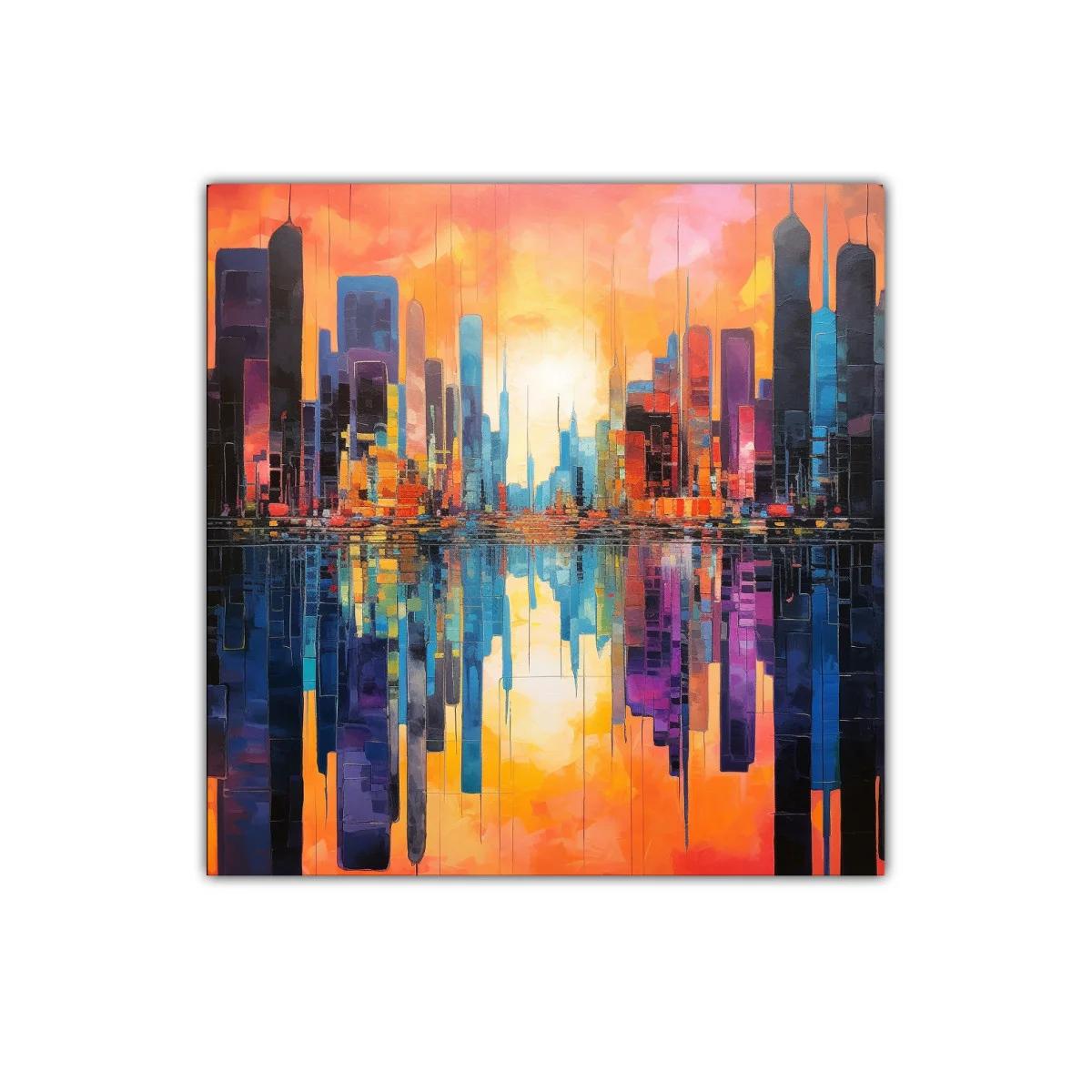 Atardecer vibrante en ciudad reflejada en agua