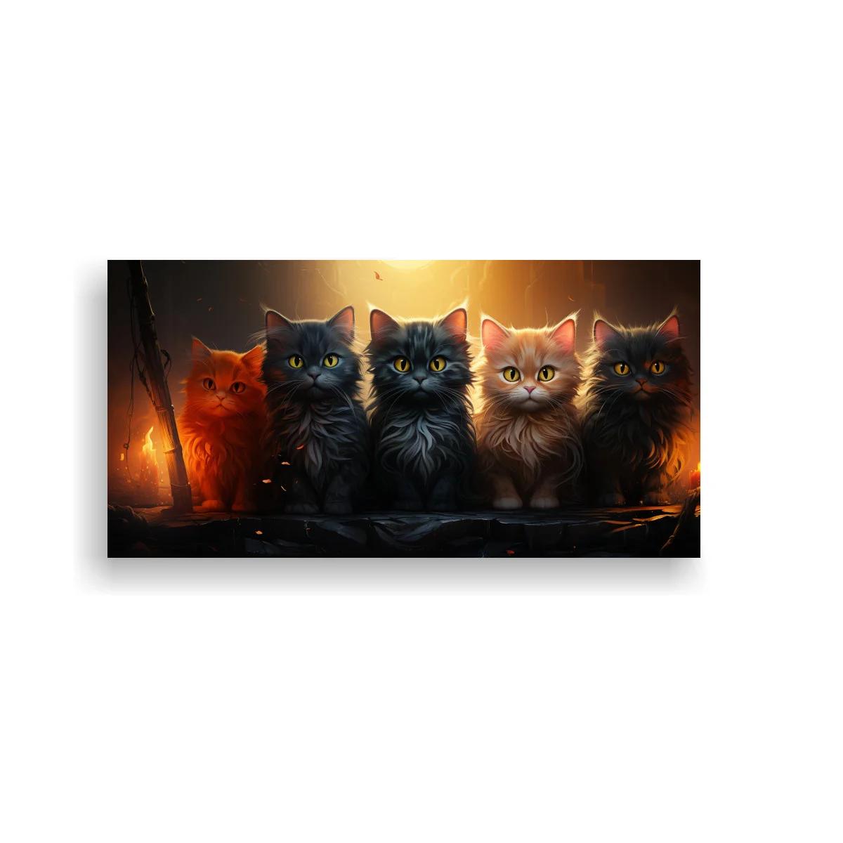Cuadro grupo de gatos de pelo largo con luces cálidas