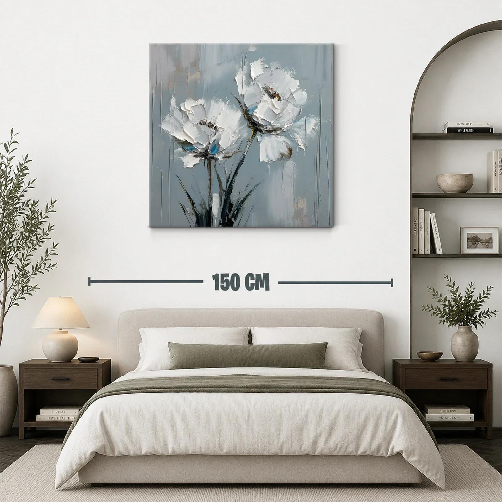 Cuadro moderno con flores blancas sobre fondo gris azulado — miniatura 3