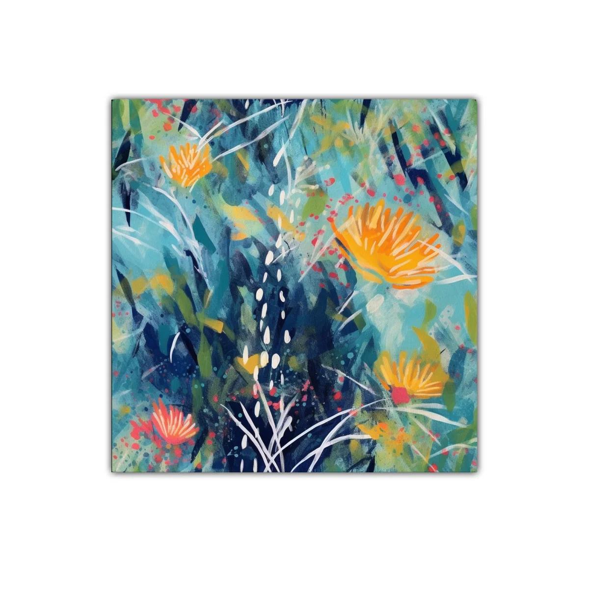 Cuadro abstracto floral en tonos azules y naranjas vivos — imagen principal