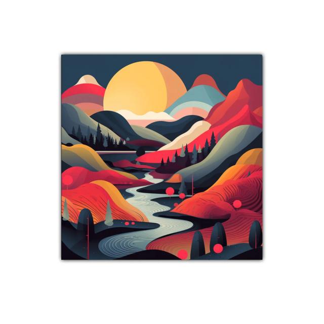 Paisaje vibrante con río y montañas coloridas al atardecer