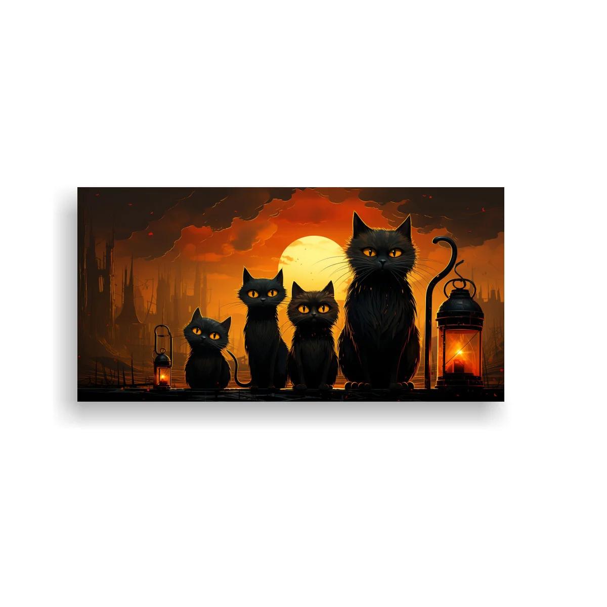 Cuadro cuatro gatos negros frente a un gran disco luminoso