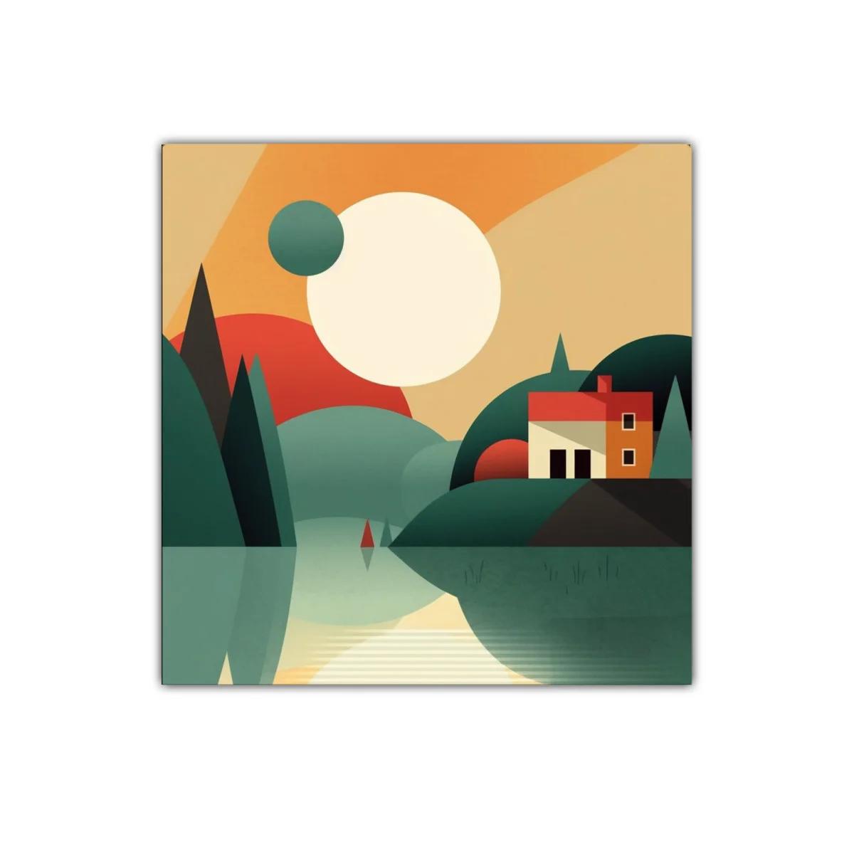 Paisaje geométrico con casa y reflejo en el agua — imagen principal