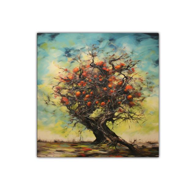 Árbol frutal con vibrantes tonos de naranja y azul