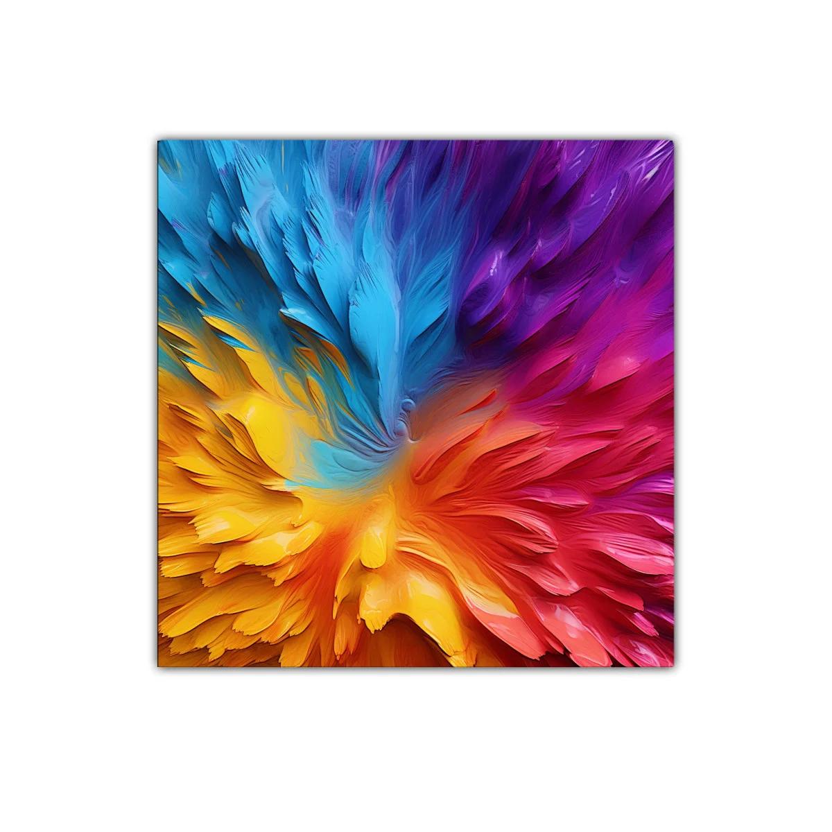 Cuadro abstracto con vibrantes plumas multicolor — imagen principal