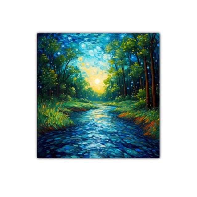 Bosque iluminado al amanecer reflejado en el río