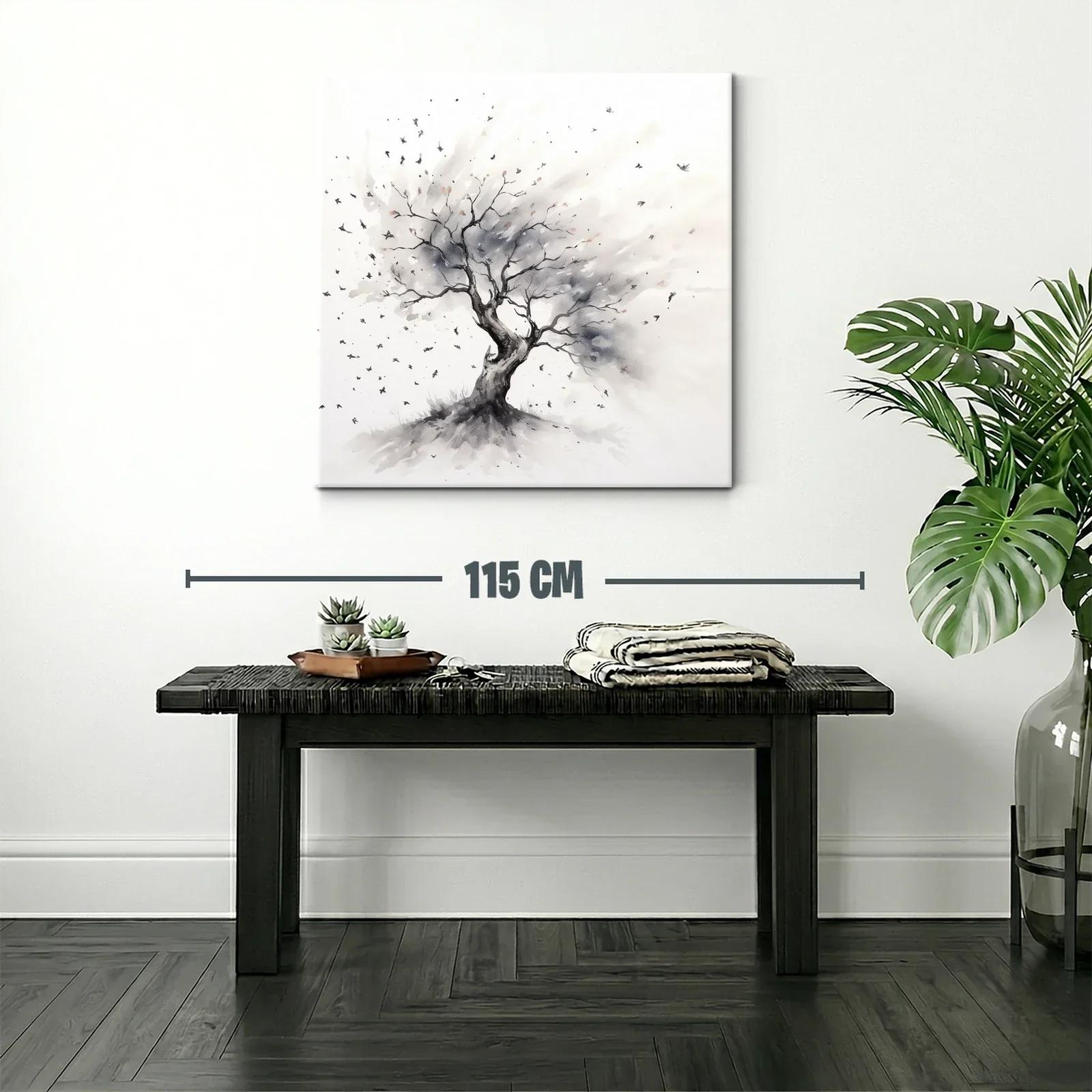 Árbol solitario con aves en tonos neutros — miniatura 2