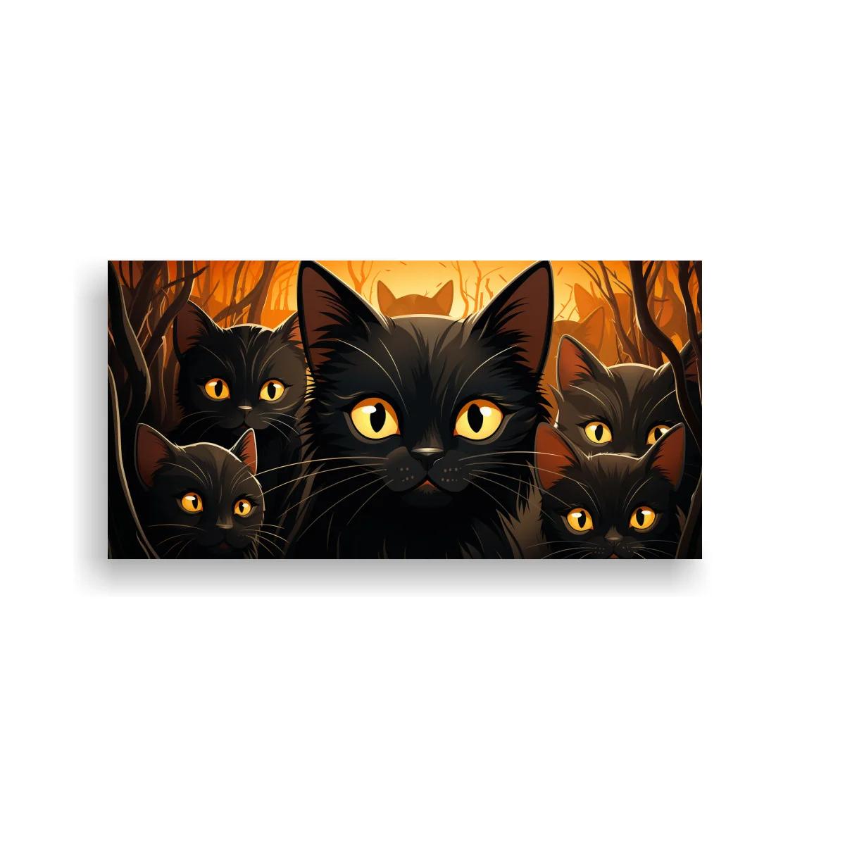 Cuadro gato negro con ojos amarillos y ramas oscuras