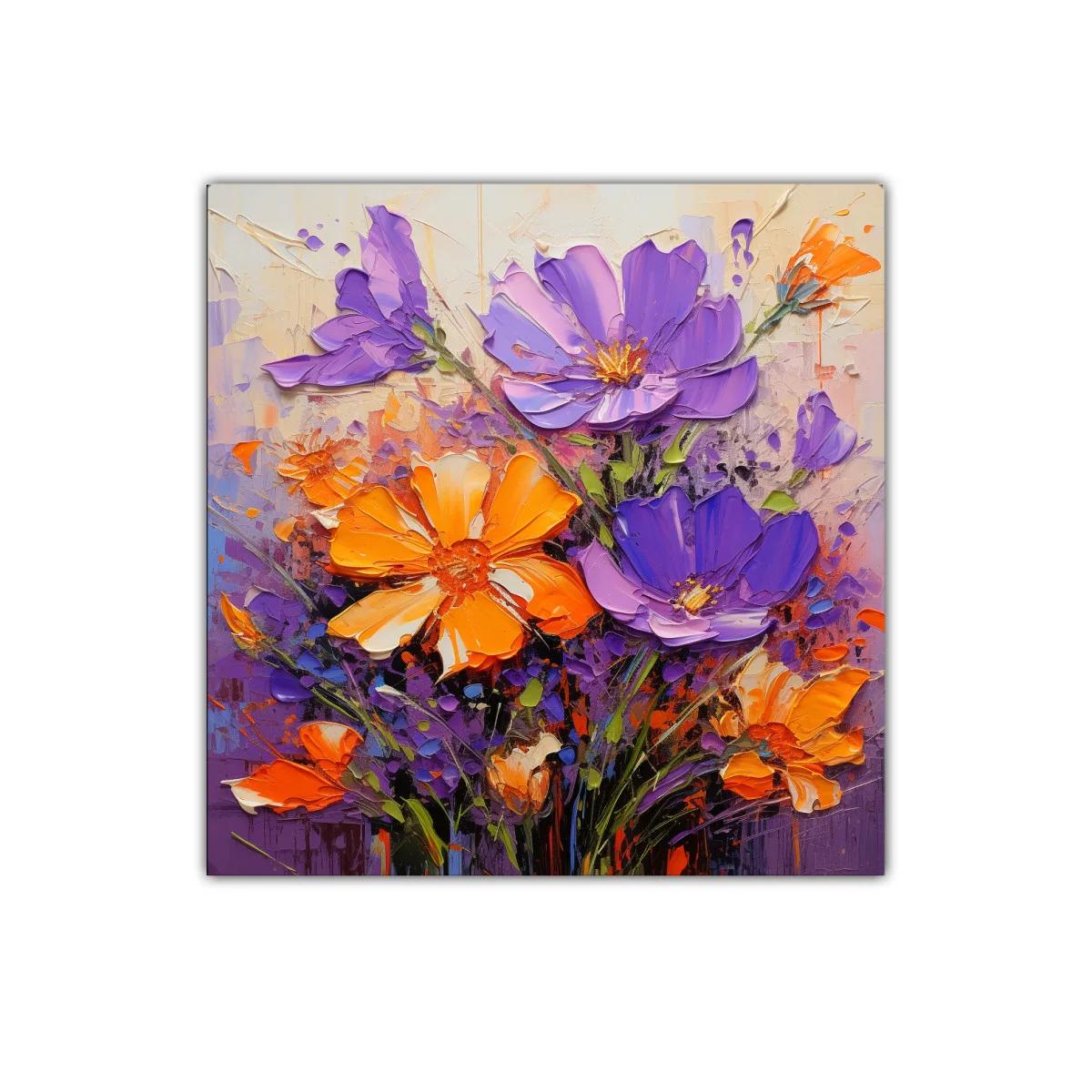 Explosión vibrante de flores en tonos morados y naranjas — imagen principal