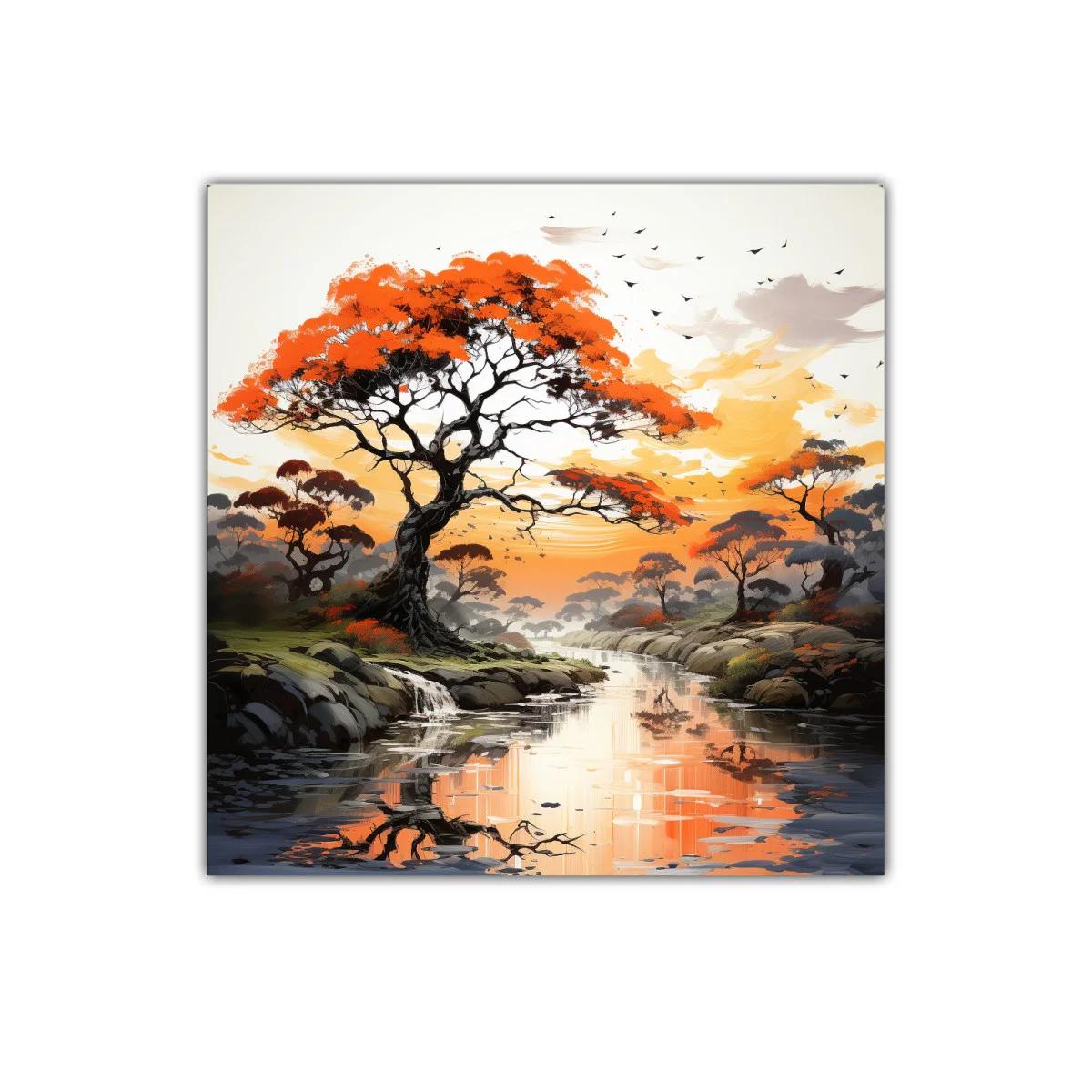 Paisaje de árboles al atardecer con reflejos en el agua