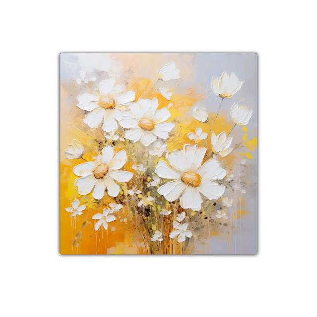 Cuadro decorativo con flores blancas sobre fondo amarillo cálido