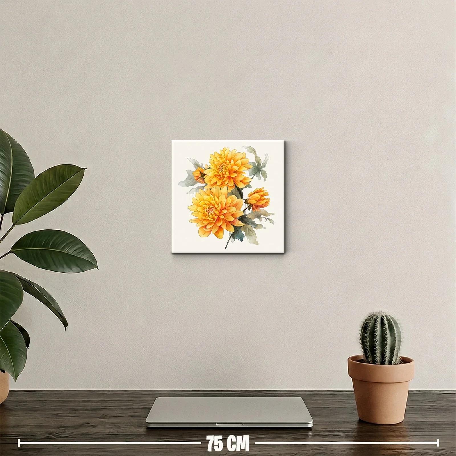 Cuadro floral con dalias en tonos cálidos y hojas verdes — miniatura 2