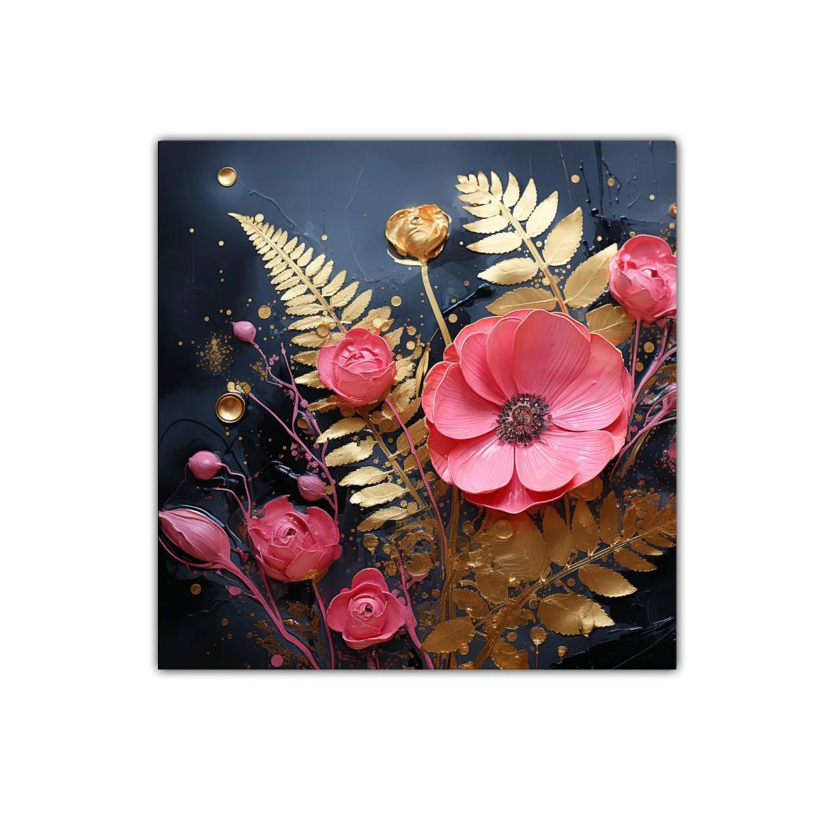 Cuadro decorativo con flores rosas y hojas doradas