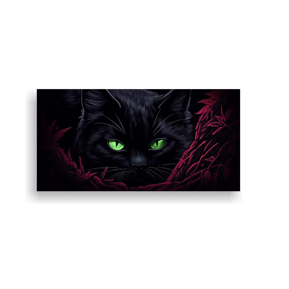 Cuadro gato negro de ojos verdes entre espinas rojizas