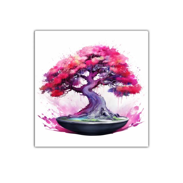 Arbol de bonsái fucsia y morado vibrante en maceta elegante