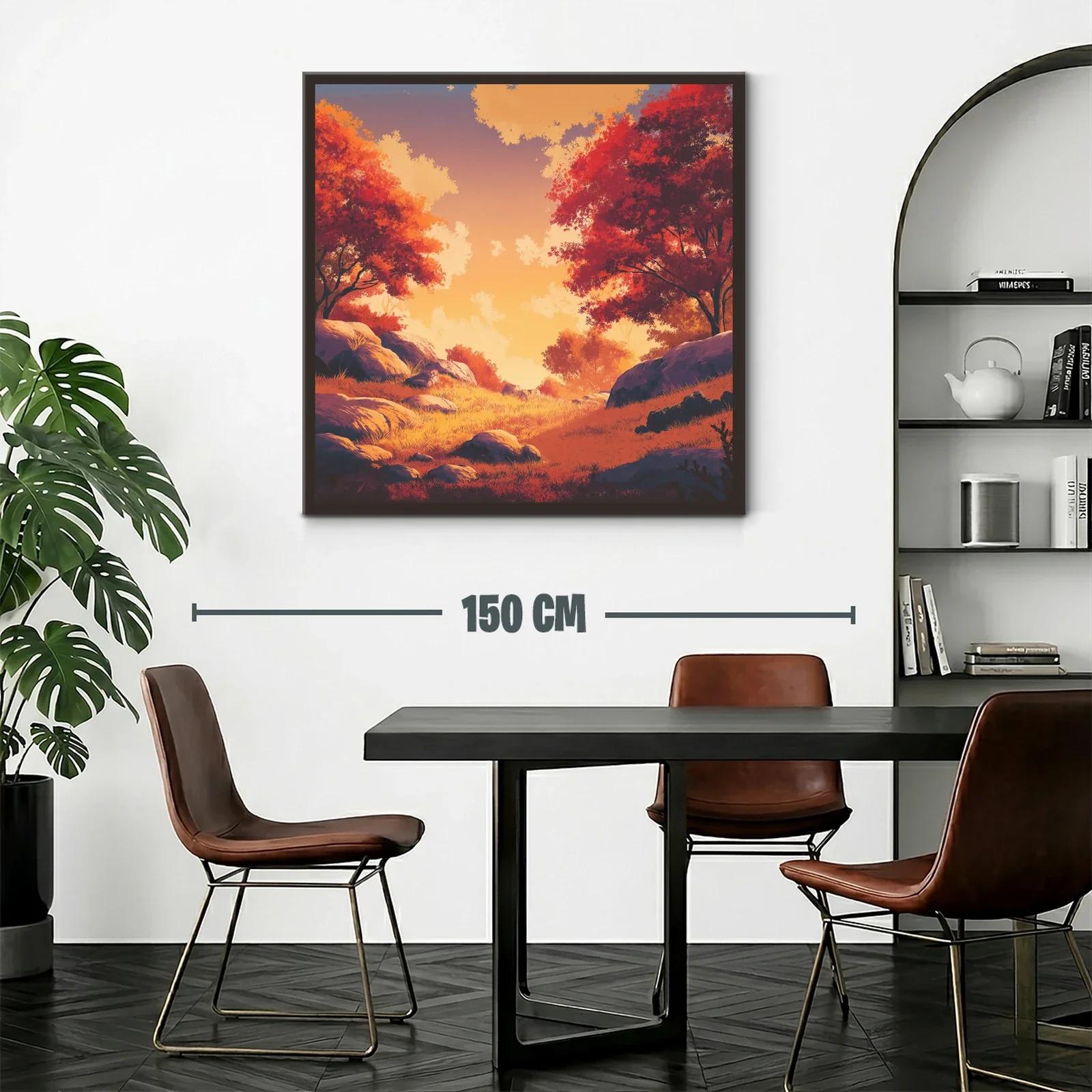 Paisaje otoñal con luz cálida y árboles rojos intensos — miniatura 2